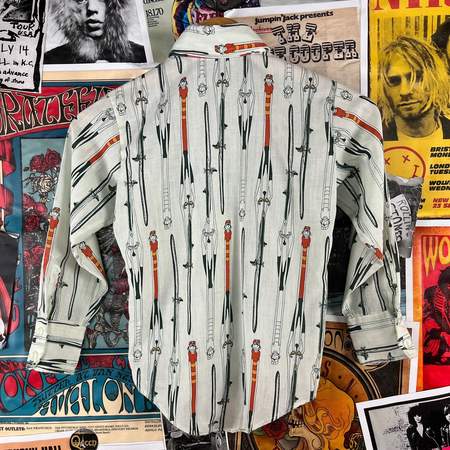 Vintage Boys Kids 70s Cyclist Bicycle Novelty Print Wrangler Long Sleeve Button Up Disco Shirt Size 8 Ages 7-8