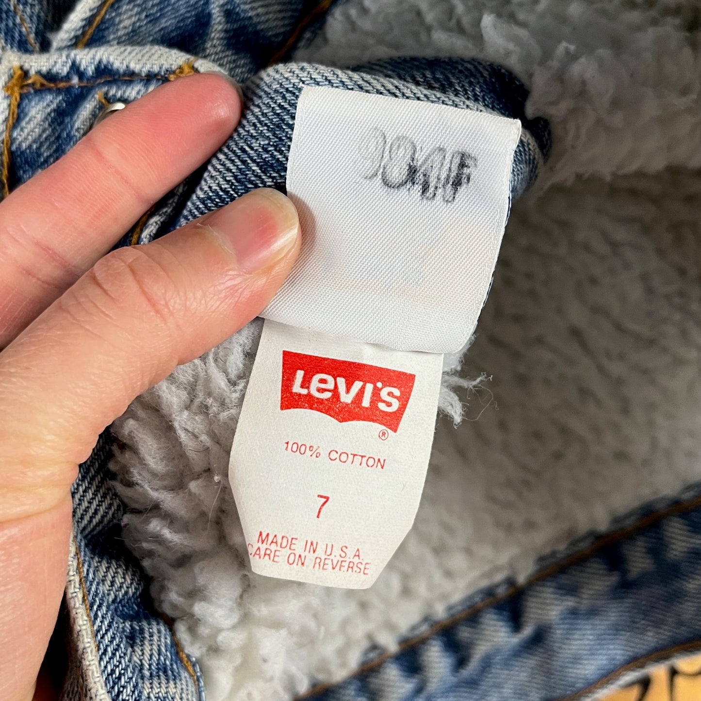 Vintage Kids 90s Rockabilly Western Cowboy Patch Orange Tab Denim Little Levi's Sherpa Jean Trucker Jacket Size 7 Ages 6-7