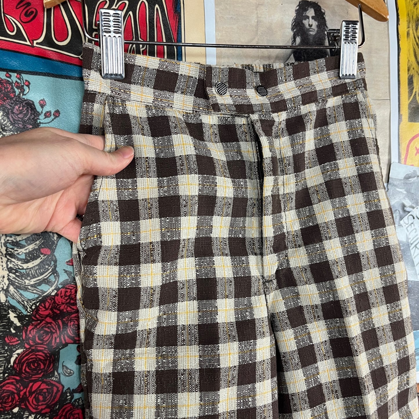 Vintage Kids Retro 60s-70s Brown Khaki Yellow Plaid Elastic Waist Buster Brown Flare Trouser Pants USA Size 6X-7 Slim