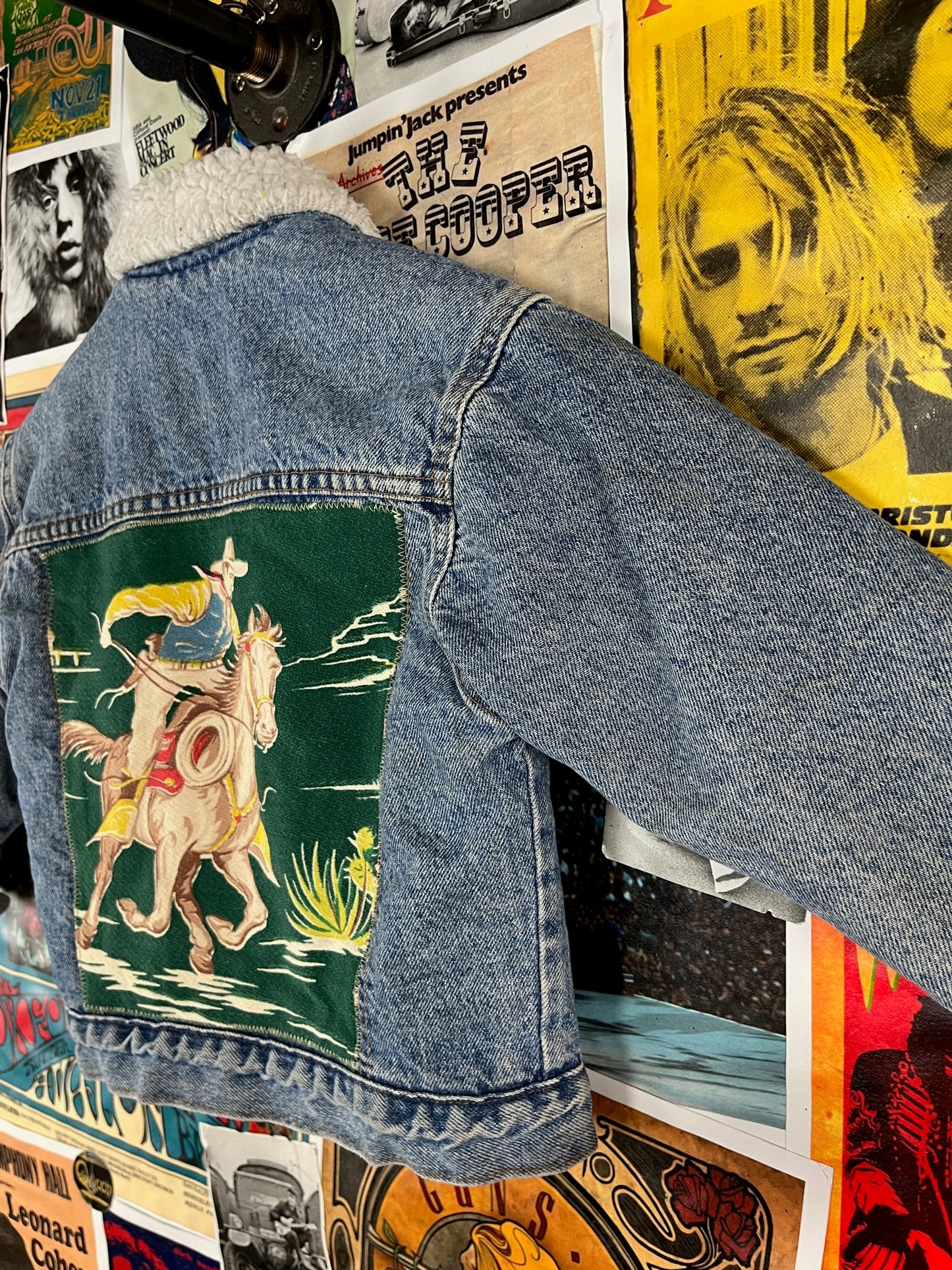 Vintage Kids 90s Rockabilly Western Cowboy Patch Orange Tab Denim Little Levi's Sherpa Jean Trucker Jacket Size 7 Ages 6-7
