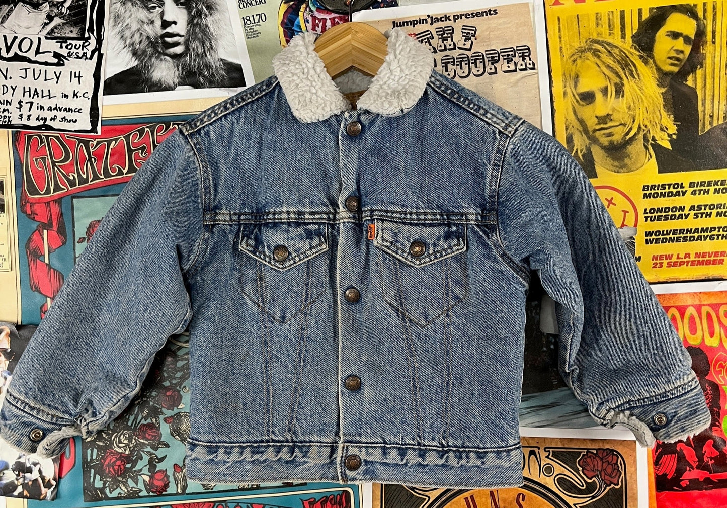 Vintage Kids 90s Rockabilly Western Cowboy Patch Orange Tab Denim Little Levi's Sherpa Jean Trucker Jacket Size 7 Ages 6-7