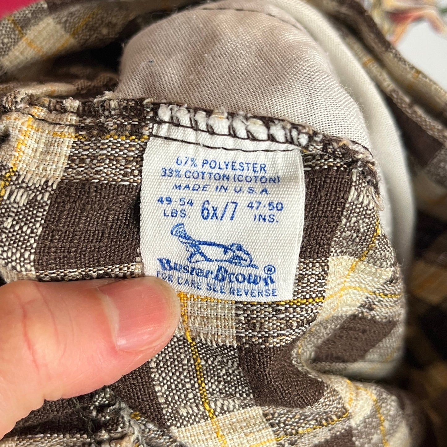Vintage Kids Retro 60s-70s Brown Khaki Yellow Plaid Elastic Waist Buster Brown Flare Trouser Pants USA Size 6X-7 Slim