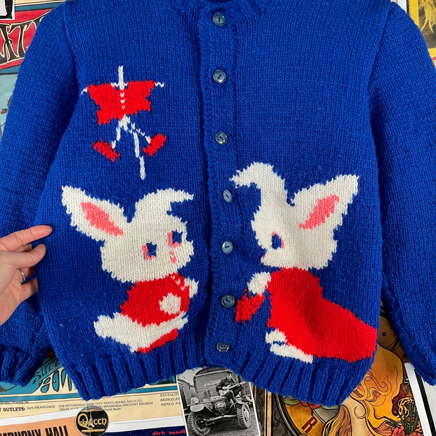Vintage Girls Kids Retro 60s Blue Sweet Bunny Rabbits Hand Knit Cardigan Sweater Top Size 8 Ages 7-8