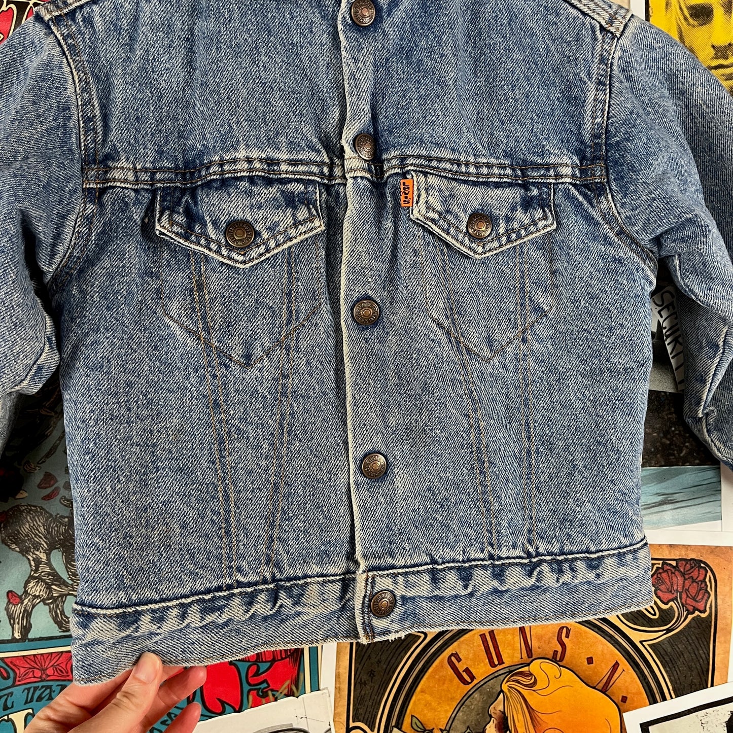 Vintage Kids 90s Rockabilly Western Cowboy Patch Orange Tab Denim Little Levi's Sherpa Jean Trucker Jacket Size 7 Ages 6-7