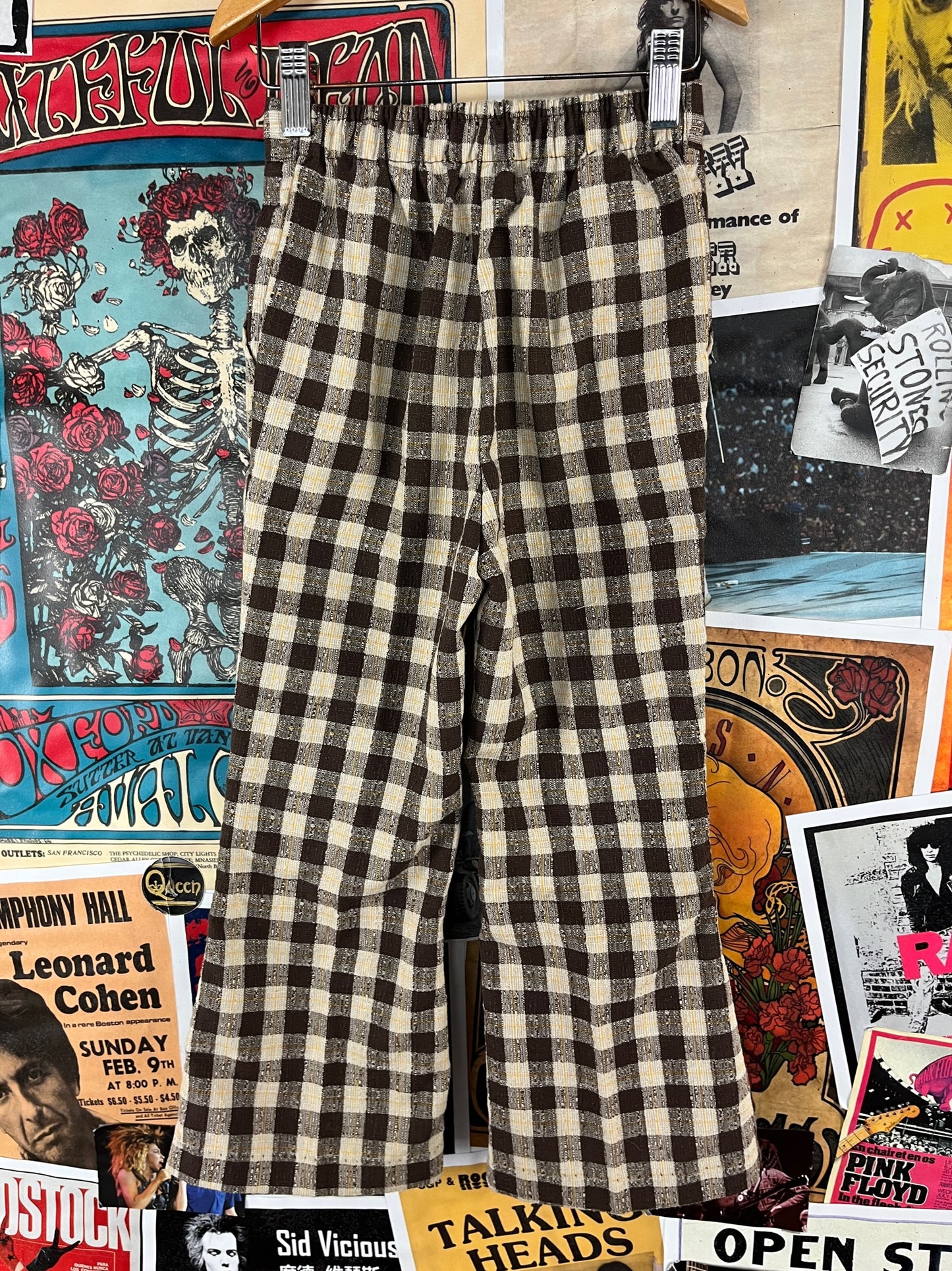 Vintage Kids Retro 60s-70s Brown Khaki Yellow Plaid Elastic Waist Buster Brown Flare Trouser Pants USA Size 6X-7 Slim