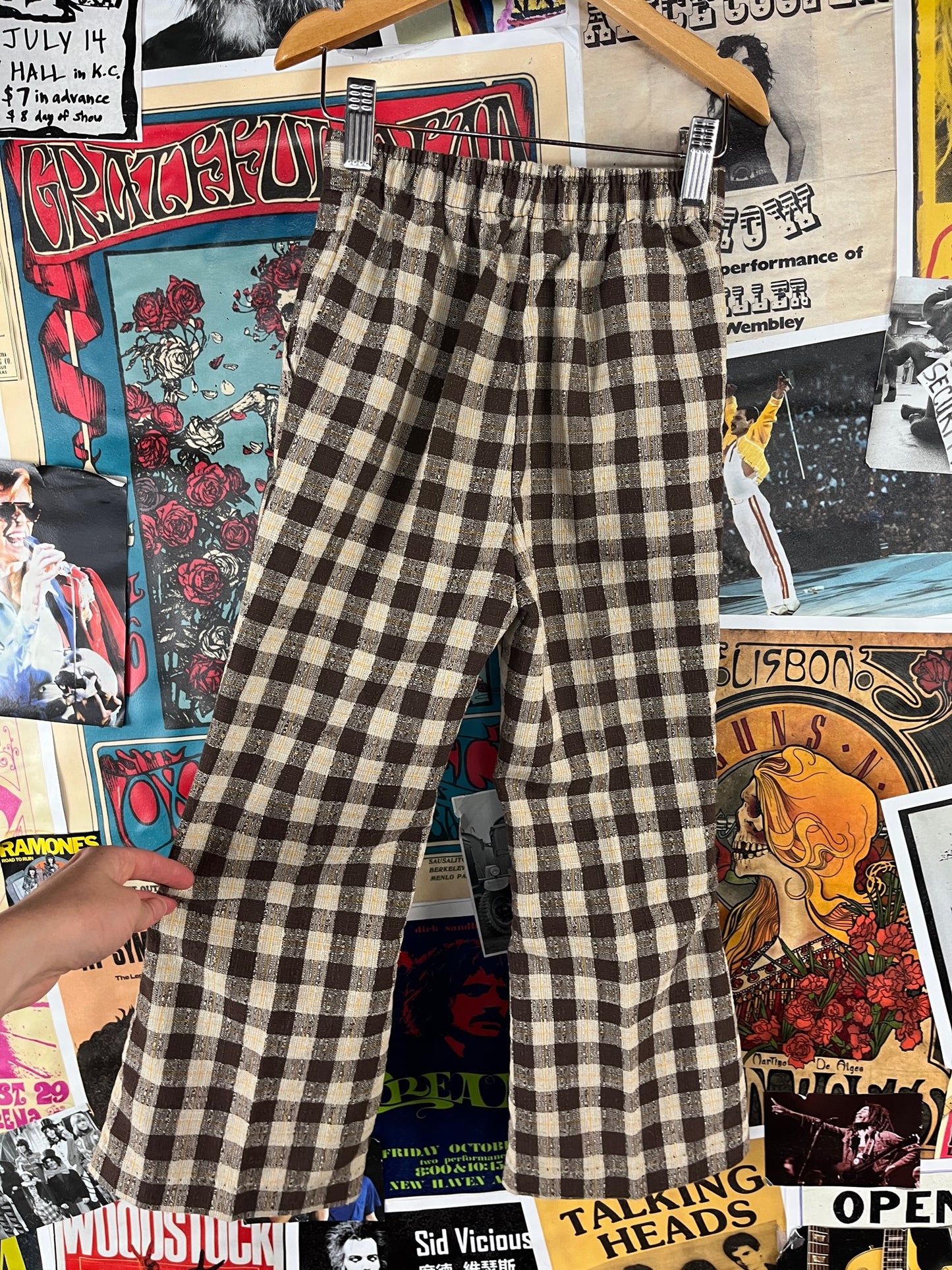 Vintage Kids Retro 60s-70s Brown Khaki Yellow Plaid Elastic Waist Buster Brown Flare Trouser Pants USA Size 6X-7 Slim