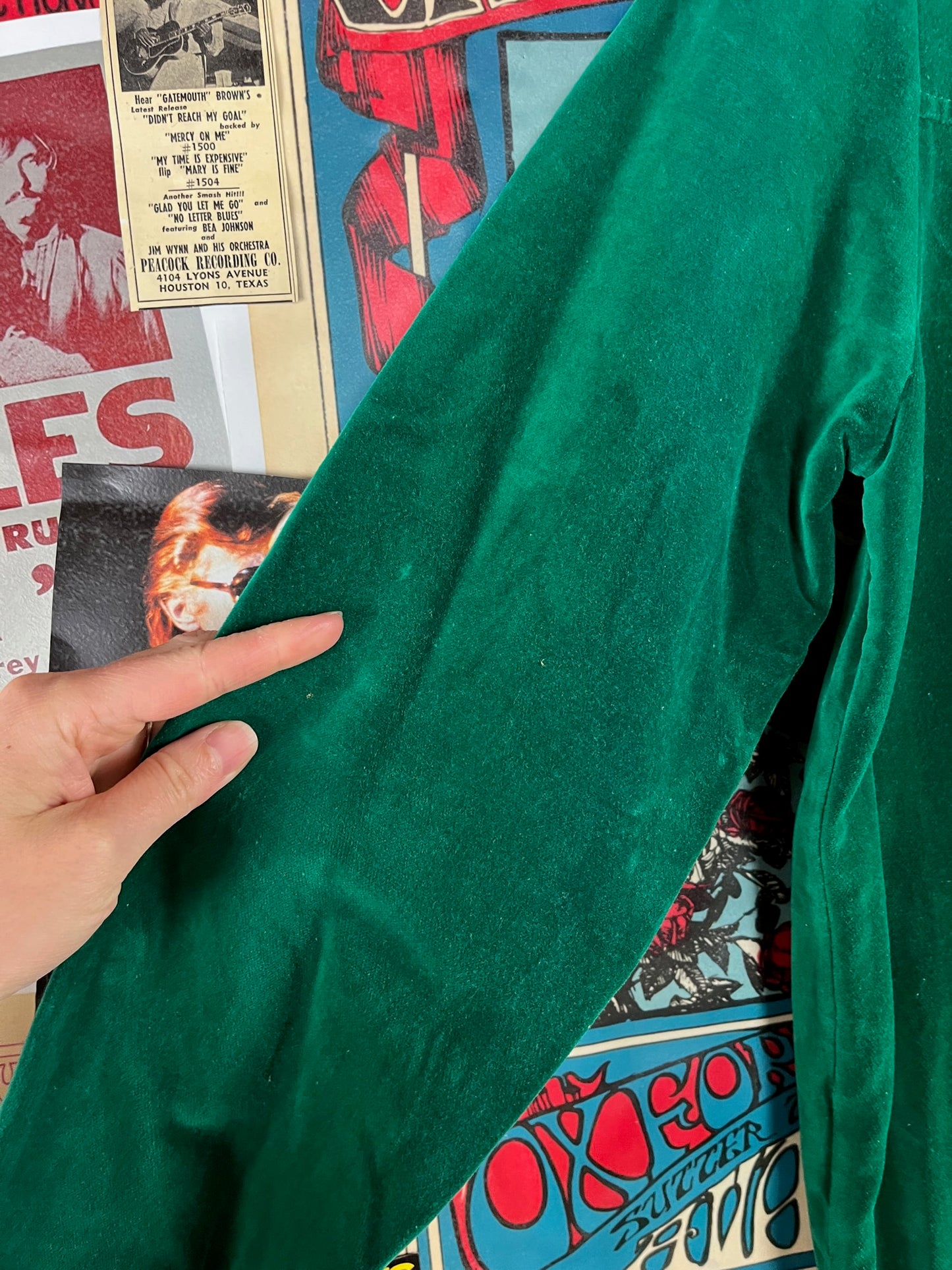 Vintage Men's Groovy 60s-70s Emerald Green Velvet Jack Winter Disco Shacket Shirt Jacket