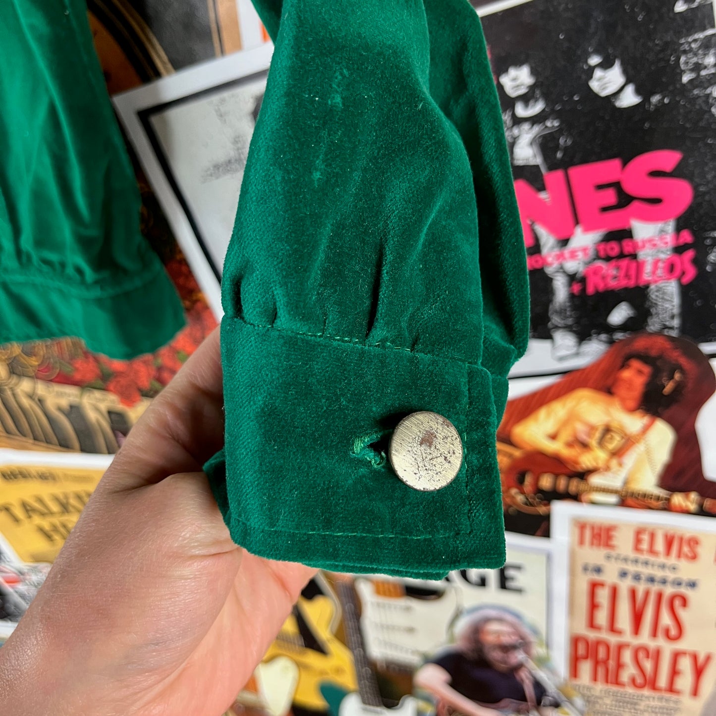 Vintage Men's Groovy 60s-70s Emerald Green Velvet Jack Winter Disco Shacket Shirt Jacket
