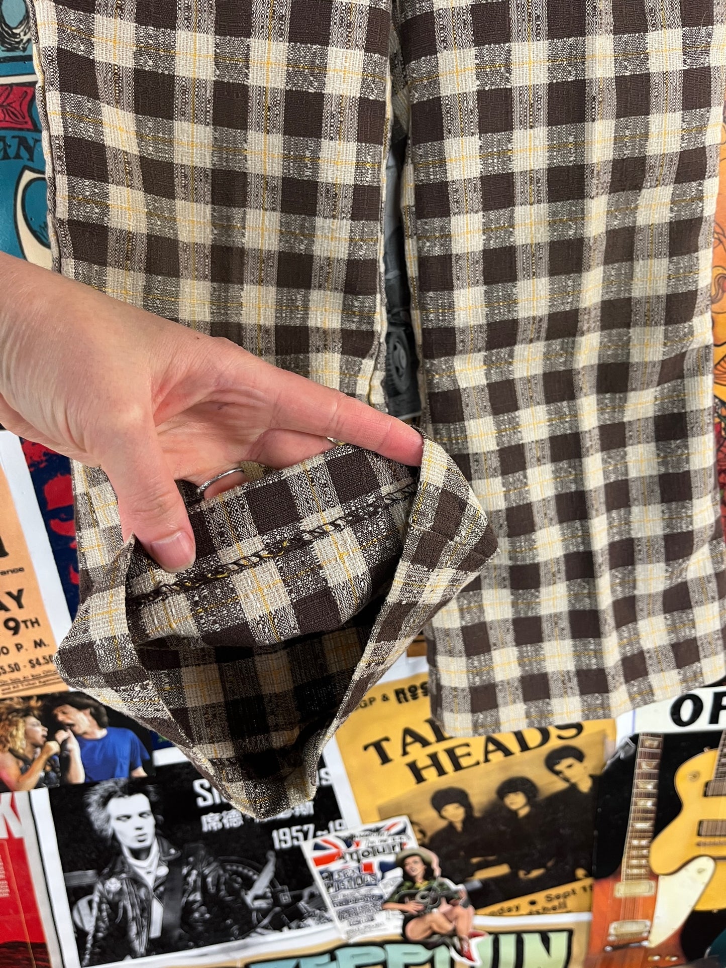 Vintage Kids Retro 60s-70s Brown Khaki Yellow Plaid Elastic Waist Buster Brown Flare Trouser Pants USA Size 6X-7 Slim