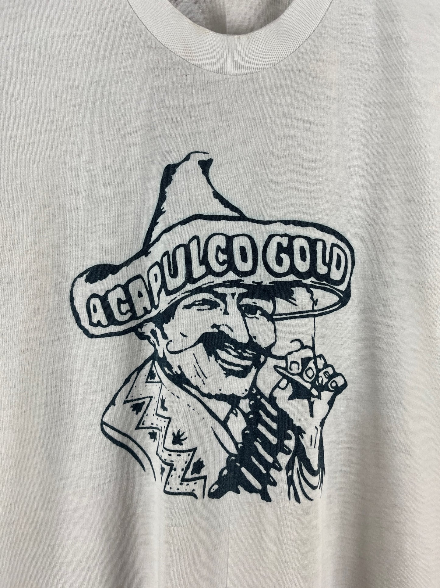 Vintage 80s White Threadbare Acapulco Gold Cannabis Marijuana Weed Hispanic Graphic T-Shirt