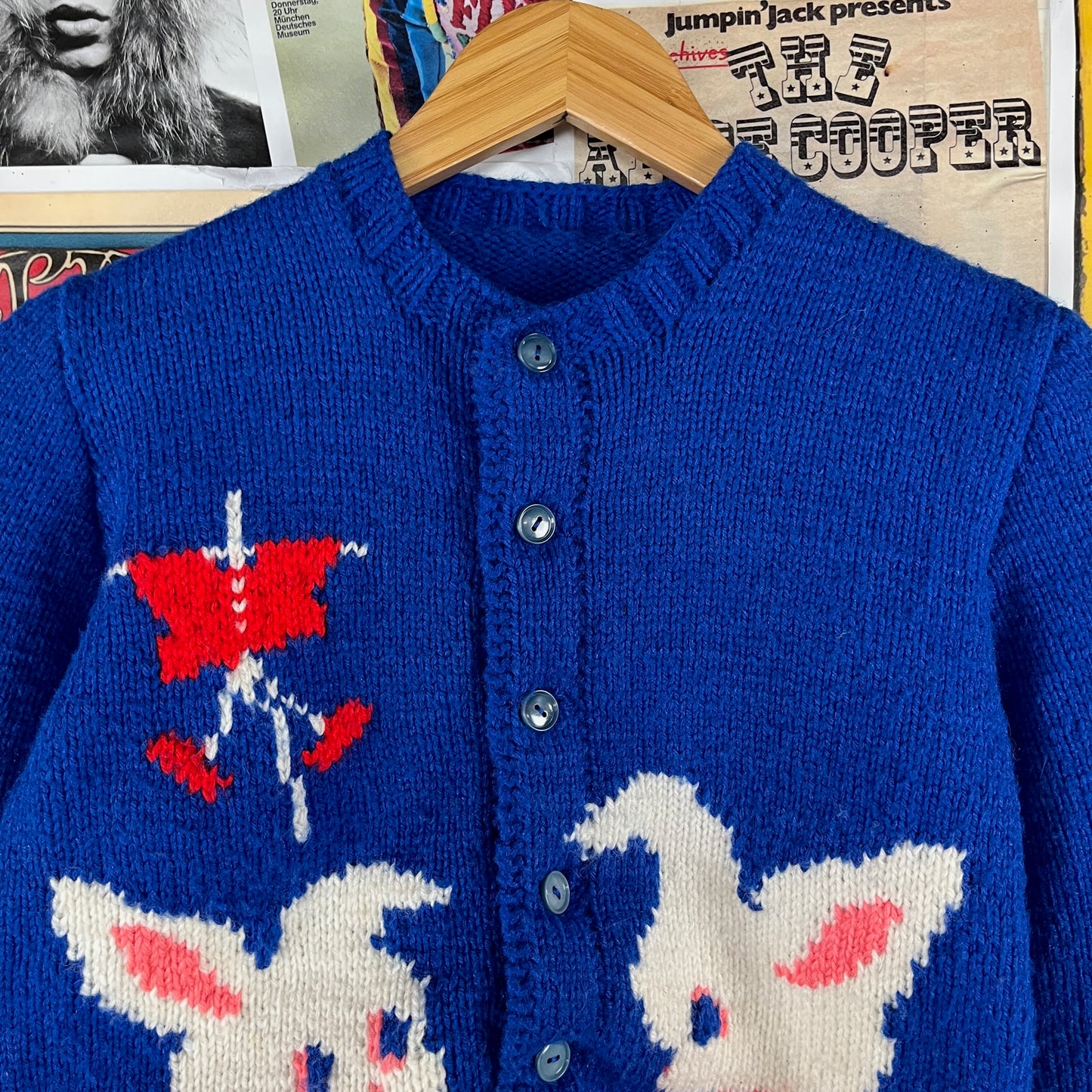 Vintage Girls Kids Retro 60s Blue Sweet Bunny Rabbits Hand Knit Cardigan Sweater Top Size 8 Ages 7-8