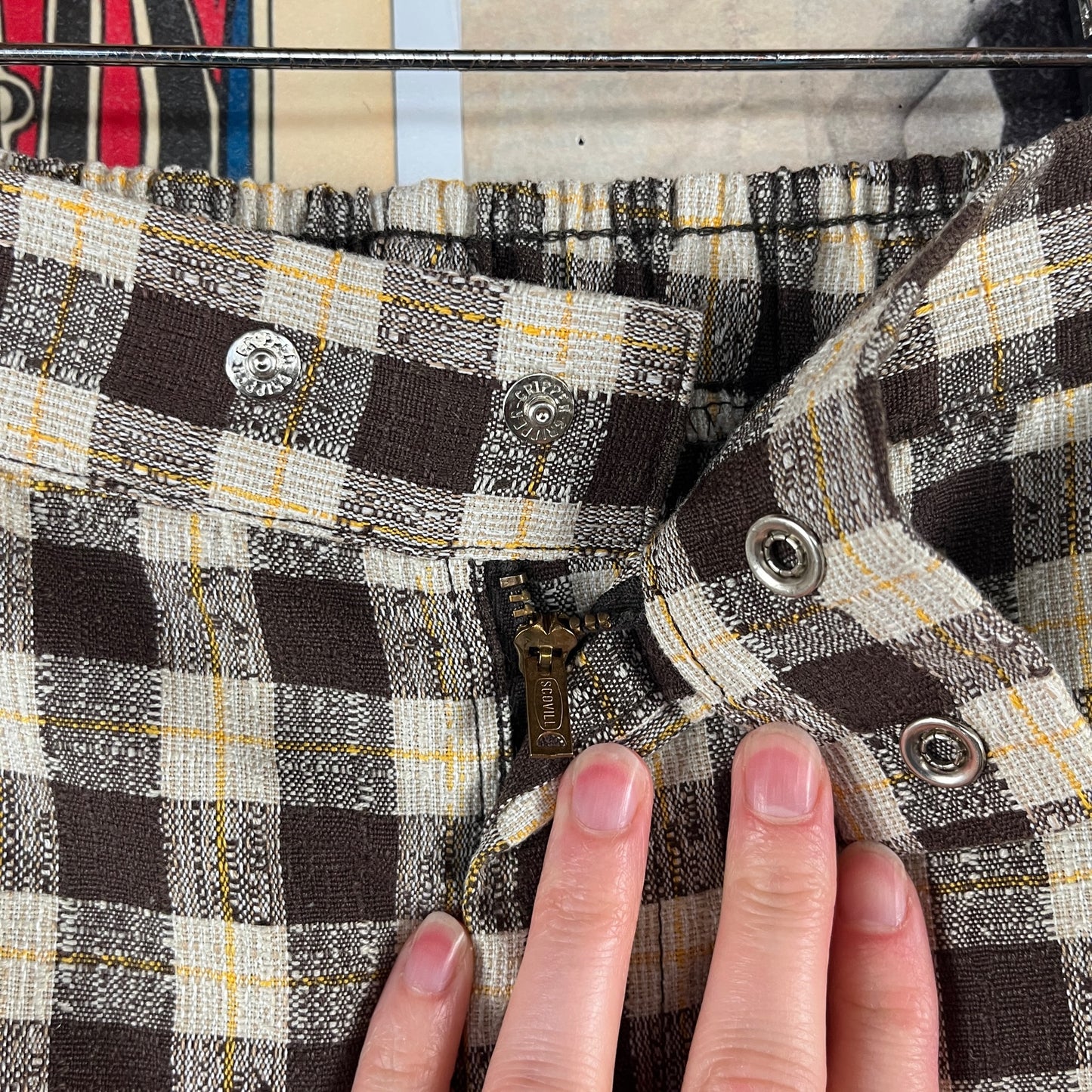 Vintage Kids Retro 60s-70s Brown Khaki Yellow Plaid Elastic Waist Buster Brown Flare Trouser Pants USA Size 6X-7 Slim