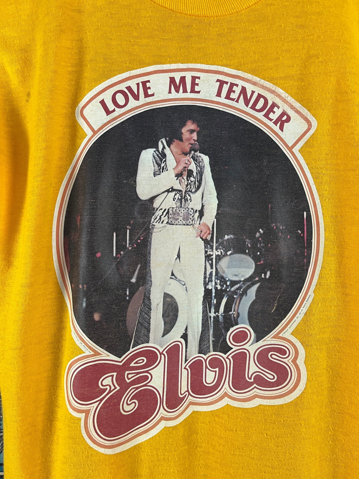 Vintage Kids 70s Retro Yellow Love Me Tender Elvis Iron On Graphic Harbor Town T-Shirt