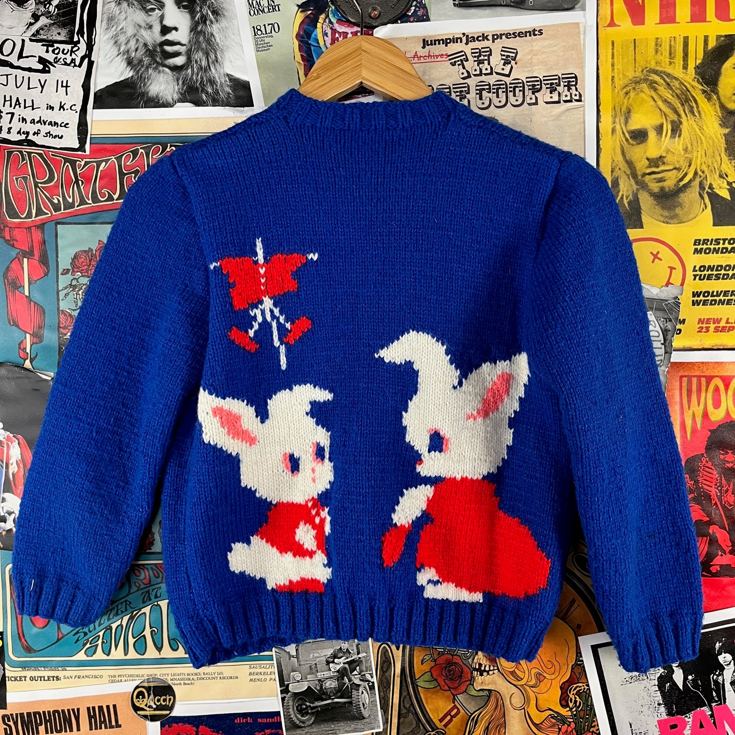 Vintage Girls Kids Retro 60s Blue Sweet Bunny Rabbits Hand Knit Cardigan Sweater Top Size 8 Ages 7-8