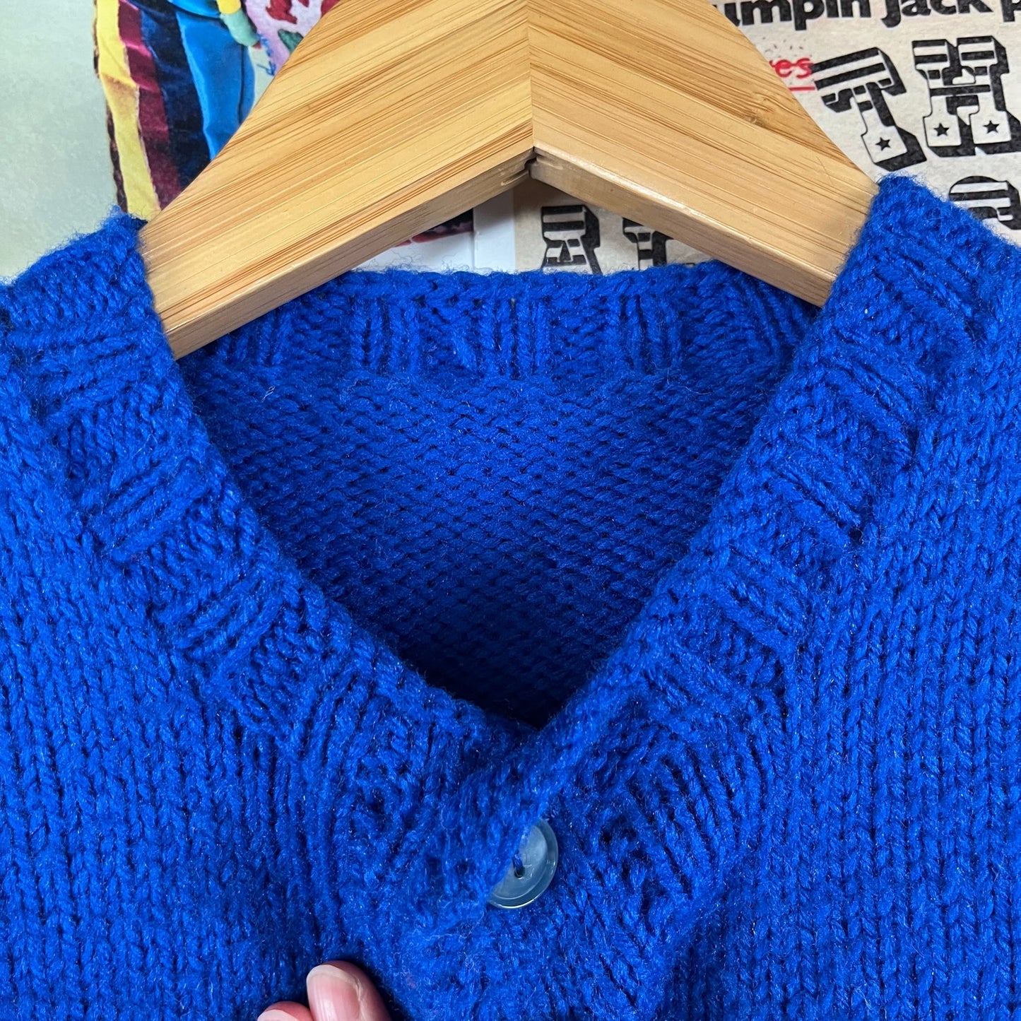 Vintage Girls Kids Retro 60s Blue Sweet Bunny Rabbits Hand Knit Cardigan Sweater Top Size 8 Ages 7-8