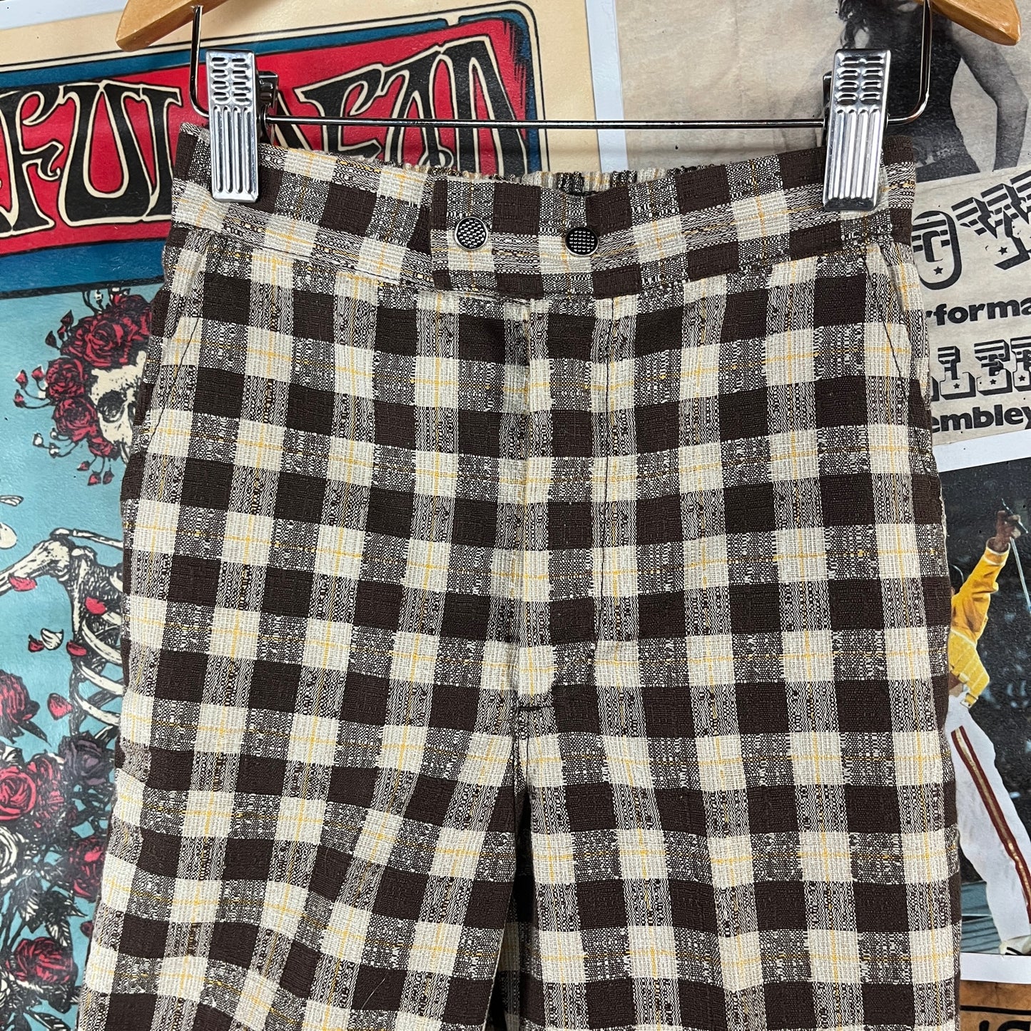 Vintage Kids Retro 60s-70s Brown Khaki Yellow Plaid Elastic Waist Buster Brown Flare Trouser Pants USA Size 6X-7 Slim