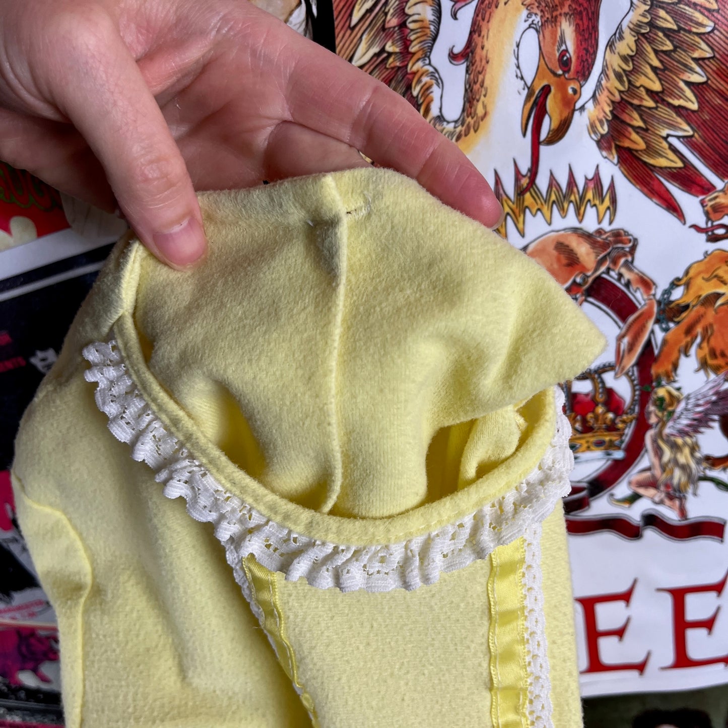 Vintage Toddler Girl Kids 80s Yellow Wish on a Star Monchhichi Japan Sekiguchi Cartoon Ruffle Lace Ribbon PJ Pajama Top 4T-5T