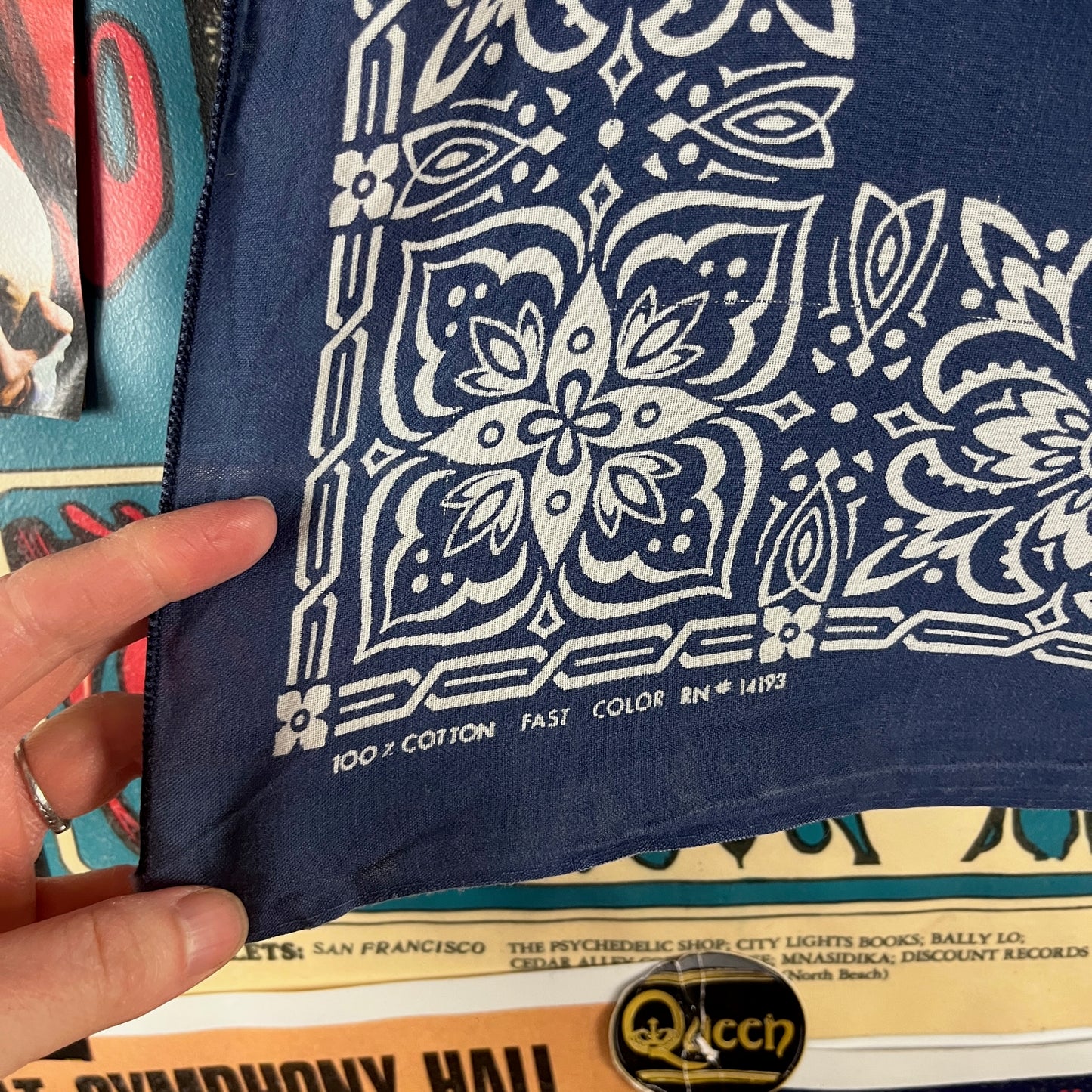 Vintage 50s-60s Indigo Blue White All Cotton Paisley Floral Print Rockabilly Western Fast Color RN 14193 USA Bandana Handkerchief Hanky