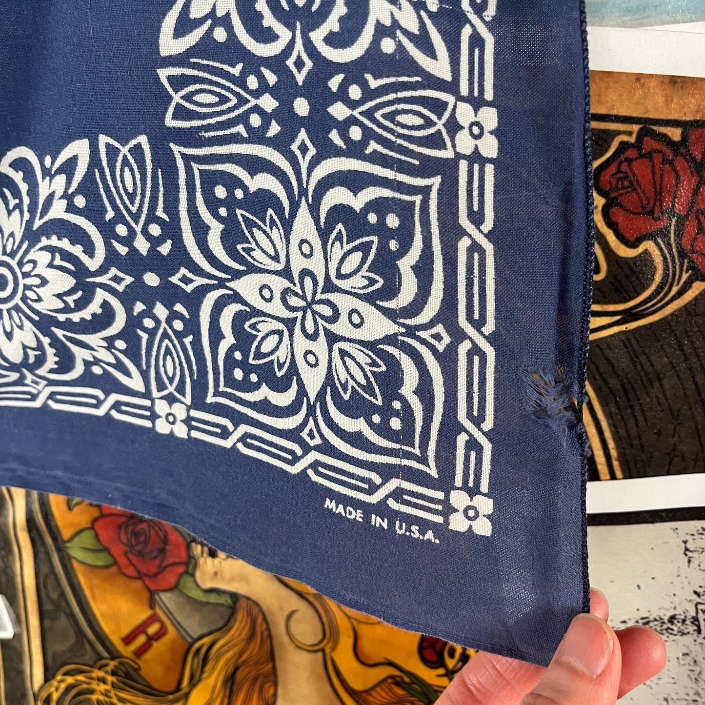 Vintage 50s-60s Indigo Blue White All Cotton Paisley Floral Print Rockabilly Western Fast Color RN 14193 USA Bandana Handkerchief Hanky