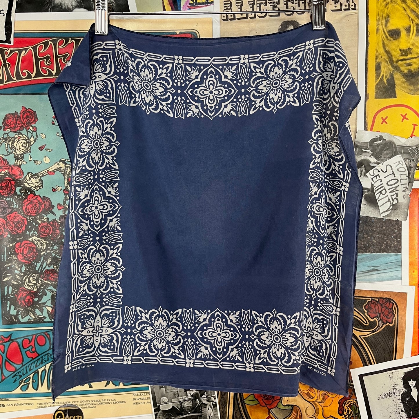 Vintage 50s-60s Indigo Blue White All Cotton Paisley Floral Print Rockabilly Western Fast Color RN 14193 USA Bandana Handkerchief Hanky