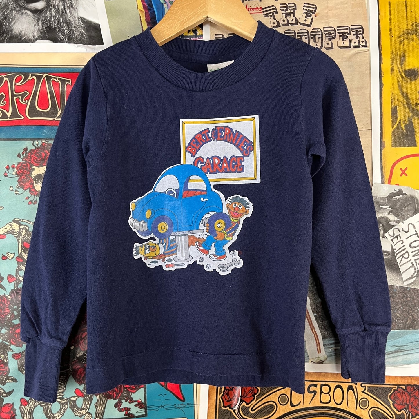 Vintage Toddler Kids 80s Bert & Ernies Garage Sesame Street Muppets Long Sleeve Graphic T-Shirt Size 4T Ages 3-4