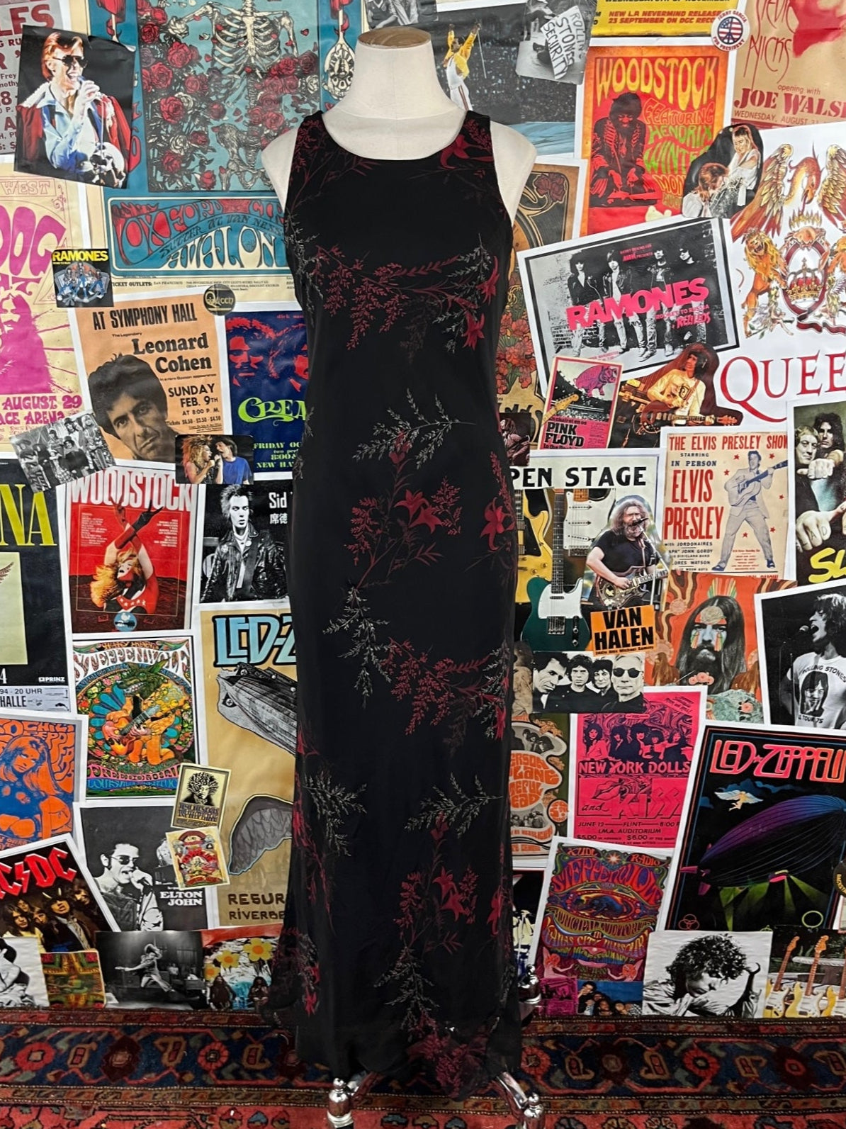 Vintage Women's 90s Black Red Gold Metallic Sparkle Botanical Floral Print Sleeveless All That Jazz Spandex Bodycon Maxi Party Dress XS