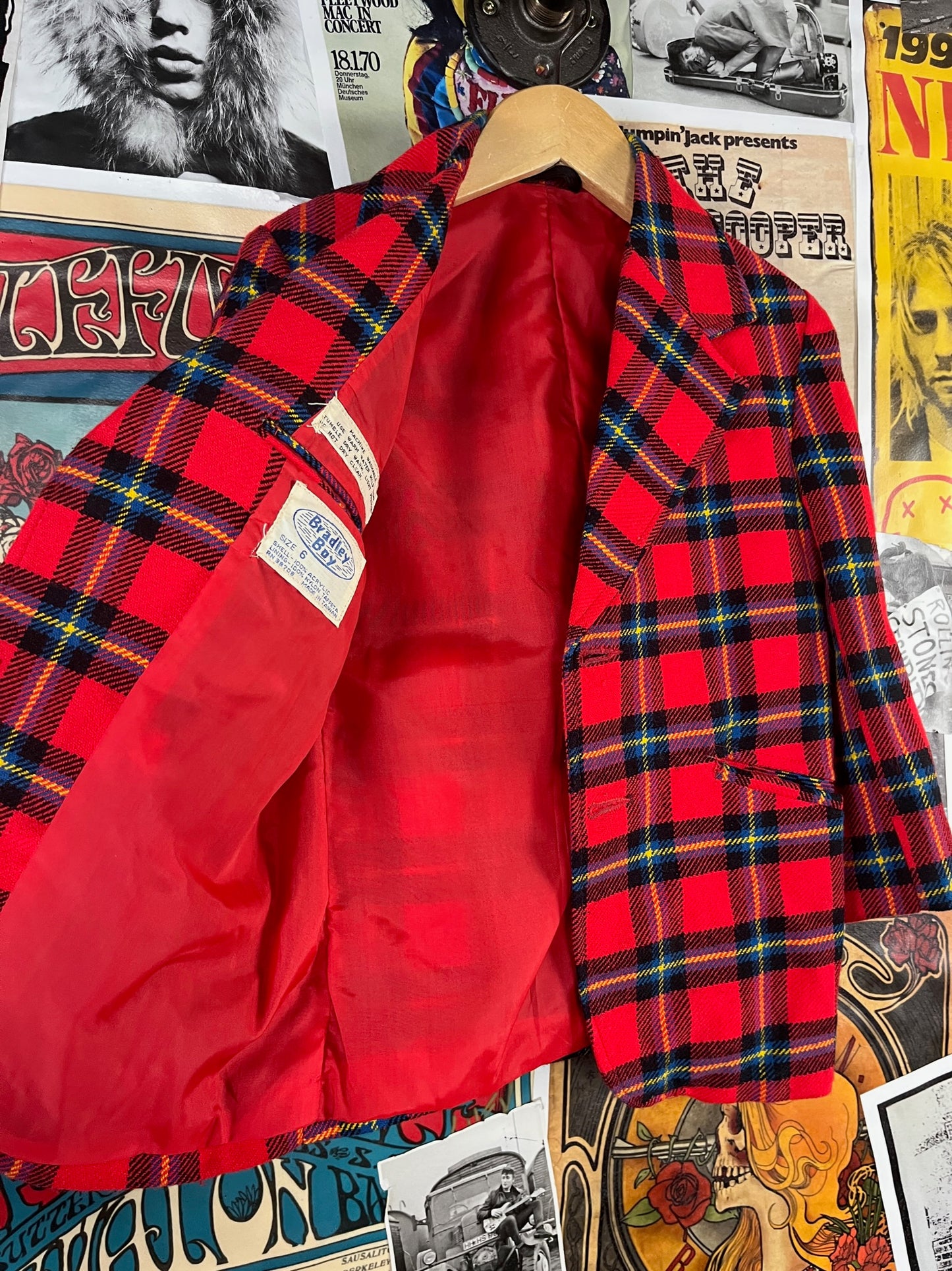 Vintage Boys Kids 70s Red Plaid Bradley Boy Single Breasted Blazer Suit Coat Jacket Ages 5-6 Retro Christmas Holiday
