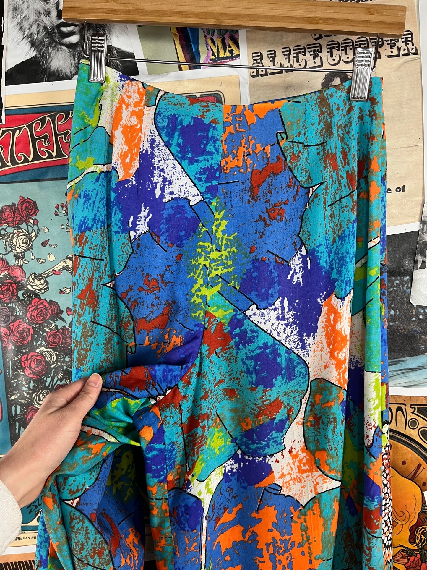Vintage Women's 60s-70s Lady Albert Abstract Print High Rise Wide Leg Rayon Silk Trouser Pants 26x32