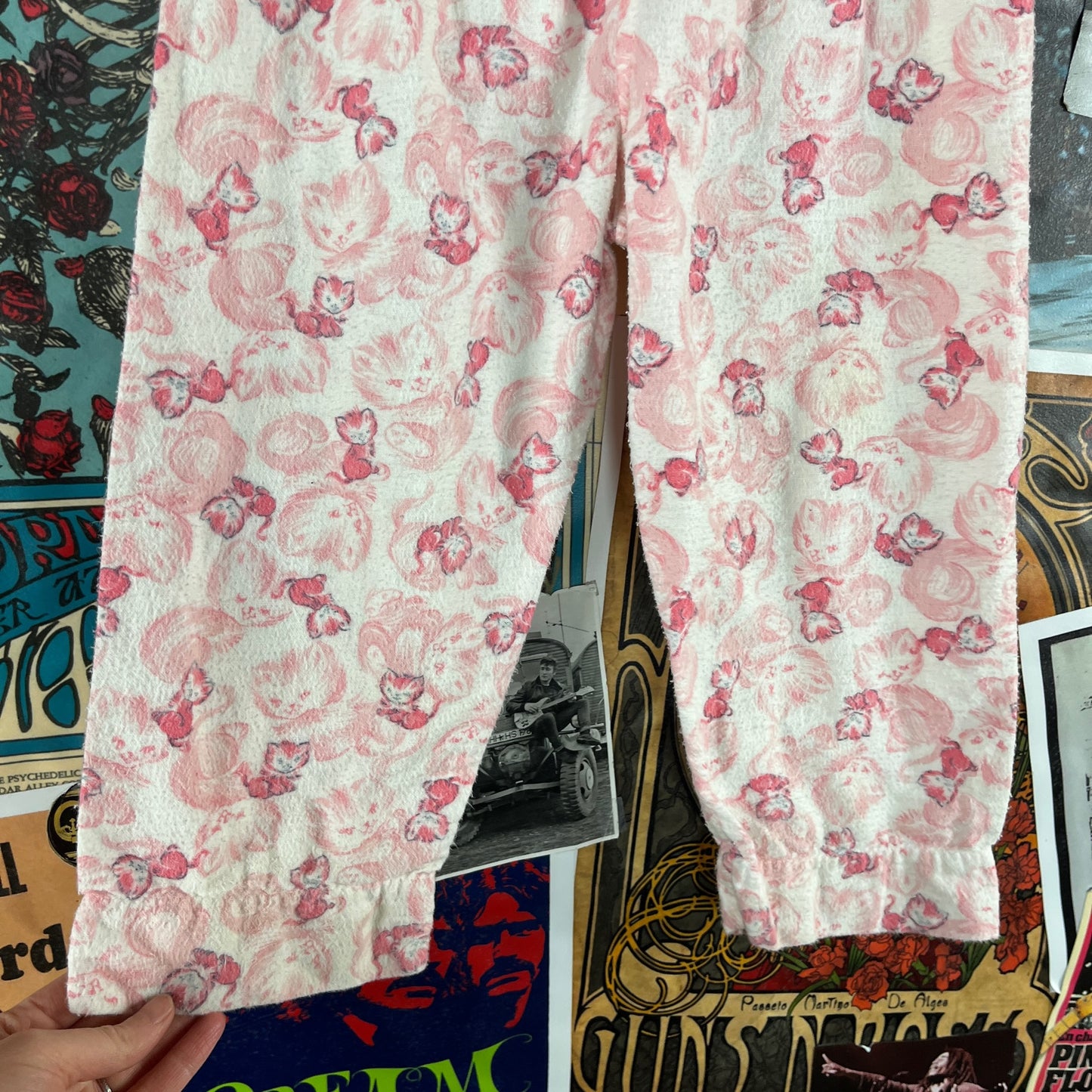 Vintage Girls Kids Retro 60s Pink White Kitty Cats Novelty All Over Print Elastic Waist Pajama Pant Size 6X-7