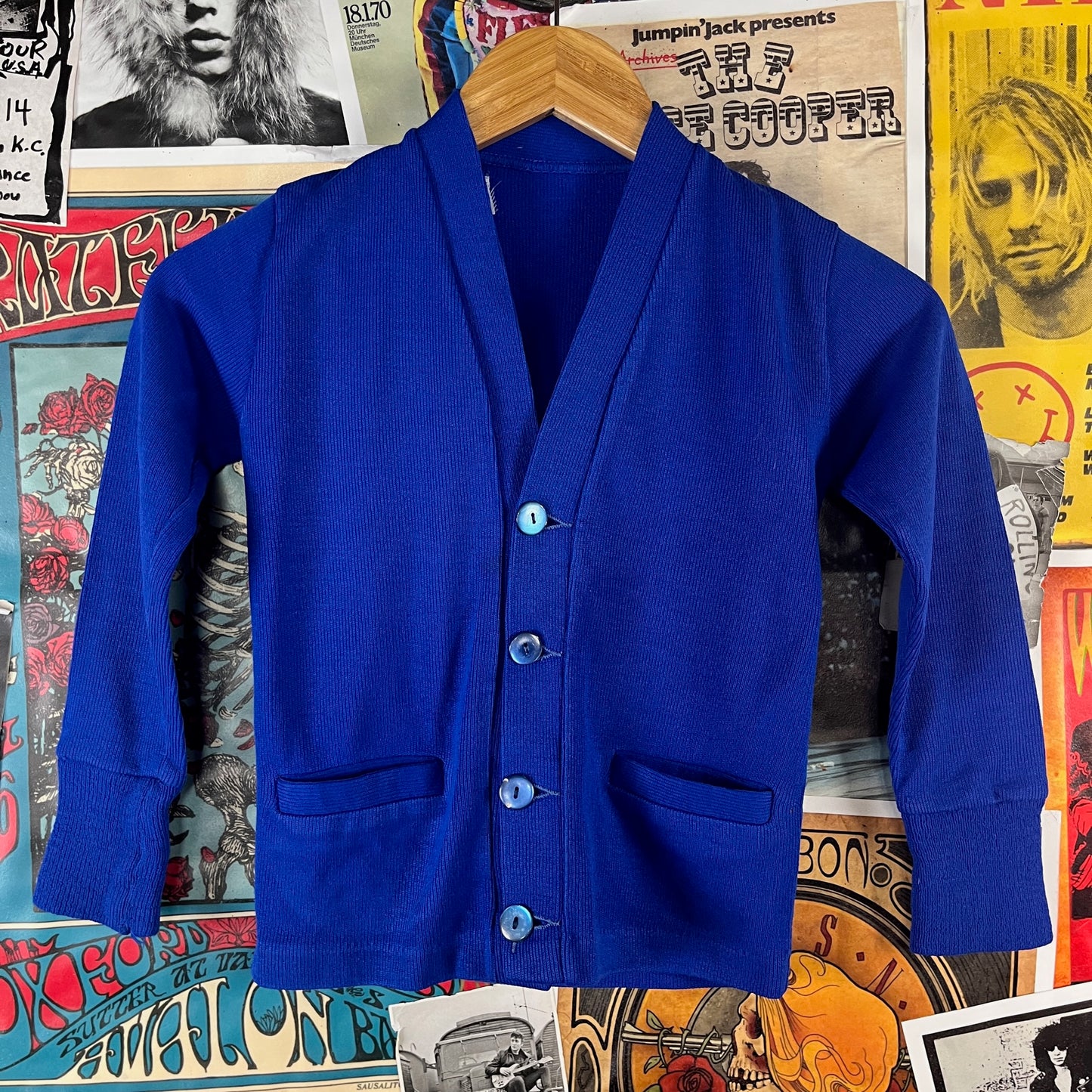 Vintage Kids 60s Blue V-Neck Letterman Cardigan Sweater Ages 6-7