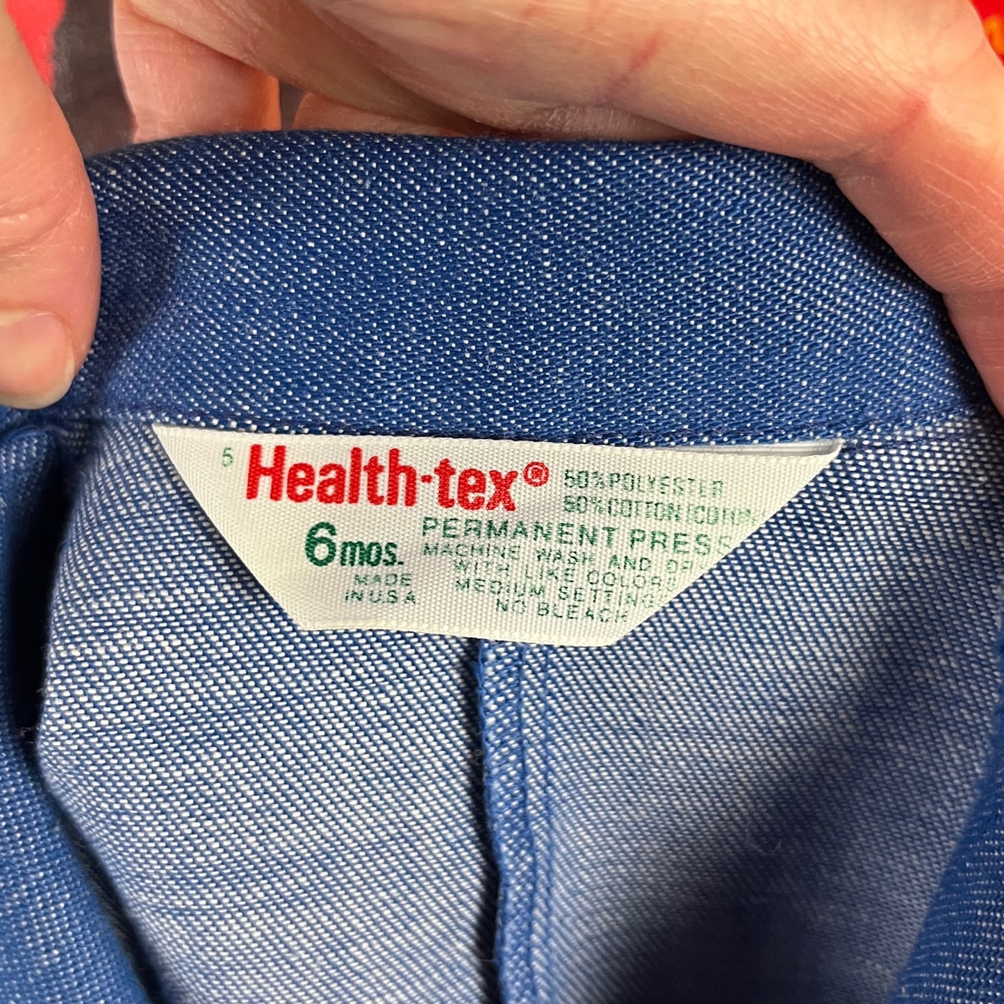 Vintage Baby 70s Blue Red Knit Jeans Health-tex Jumpsuit 6 Months