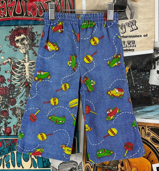 Vintage Baby Boys Kids 70s Retro Automotive Truck Car Novelty All Over Print Elastic Waist Flares Pants 6-9 Months Slim