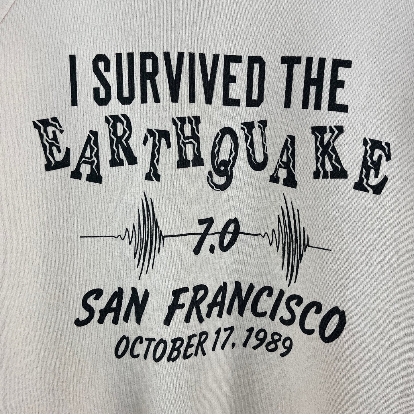 Vintage 80s Pink I Survived the Earthquake San Francisco 1989 California Souvenir Graphic Pullover Crewneck Sweatshirt Adult M/L