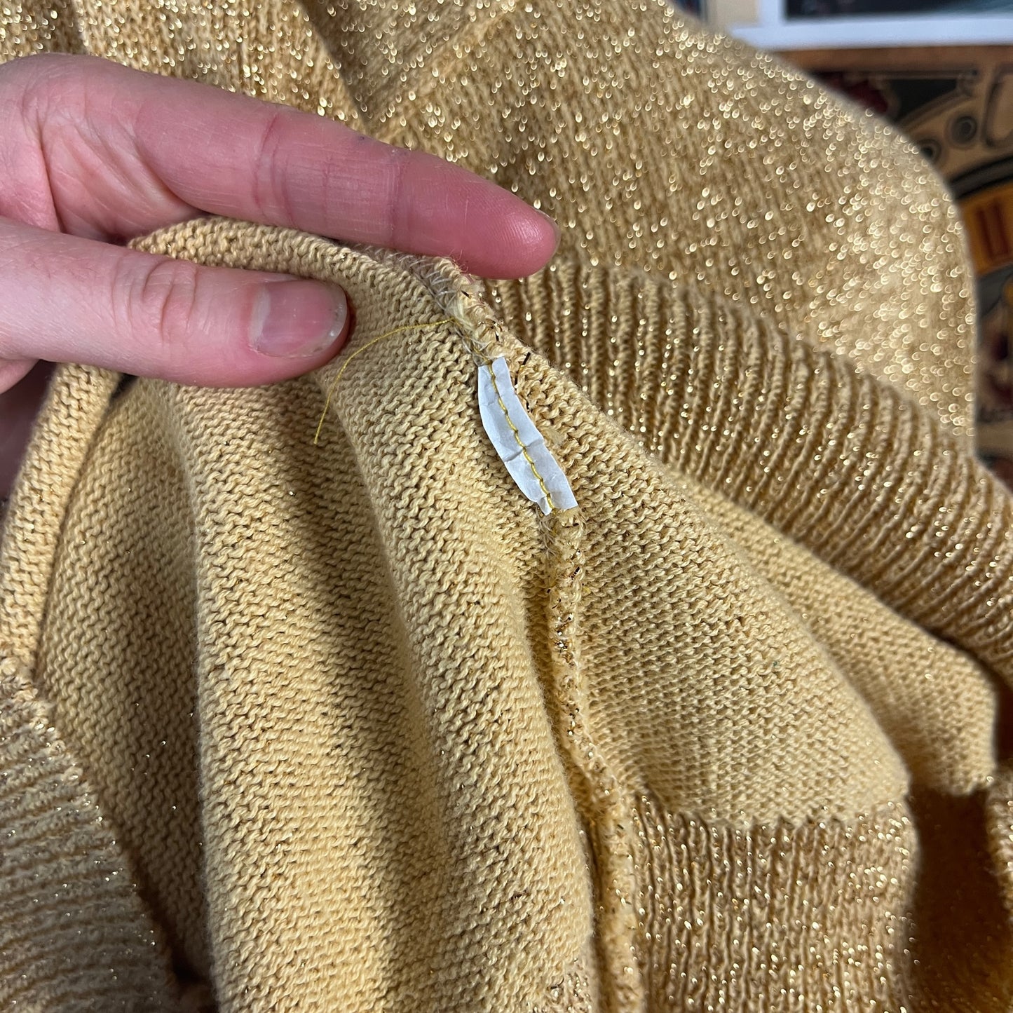 Vintage Women's 90s Metallic Gold Long Sleeve Mock Neck Pullover Alfred Dunner USA Jumper Sweater L/XL