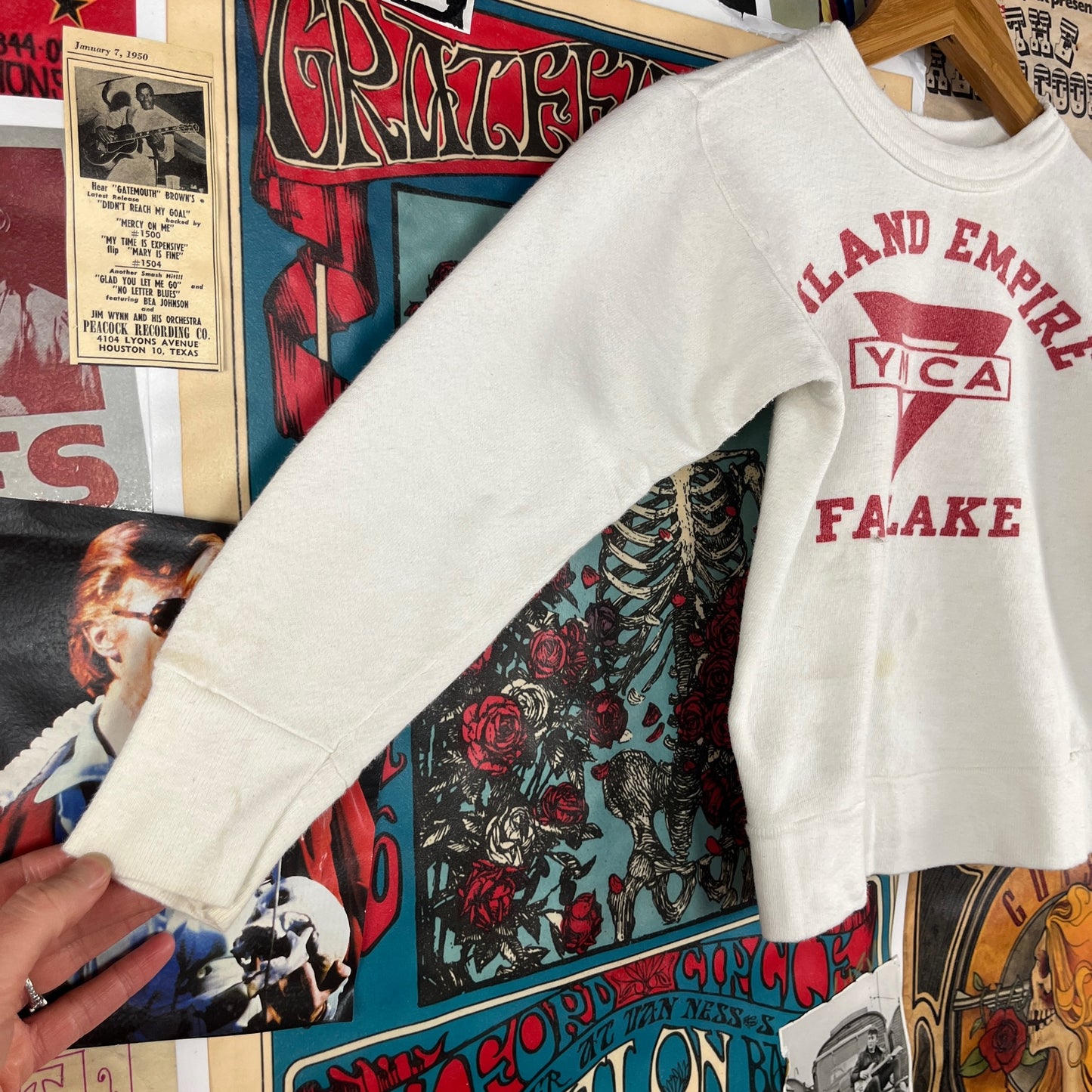 Vintage Kids 50s-60s White Red Inland Empire YMCA Fan Lake Pullover Crewneck Sweatshirt Size 5 Ages 4-5
