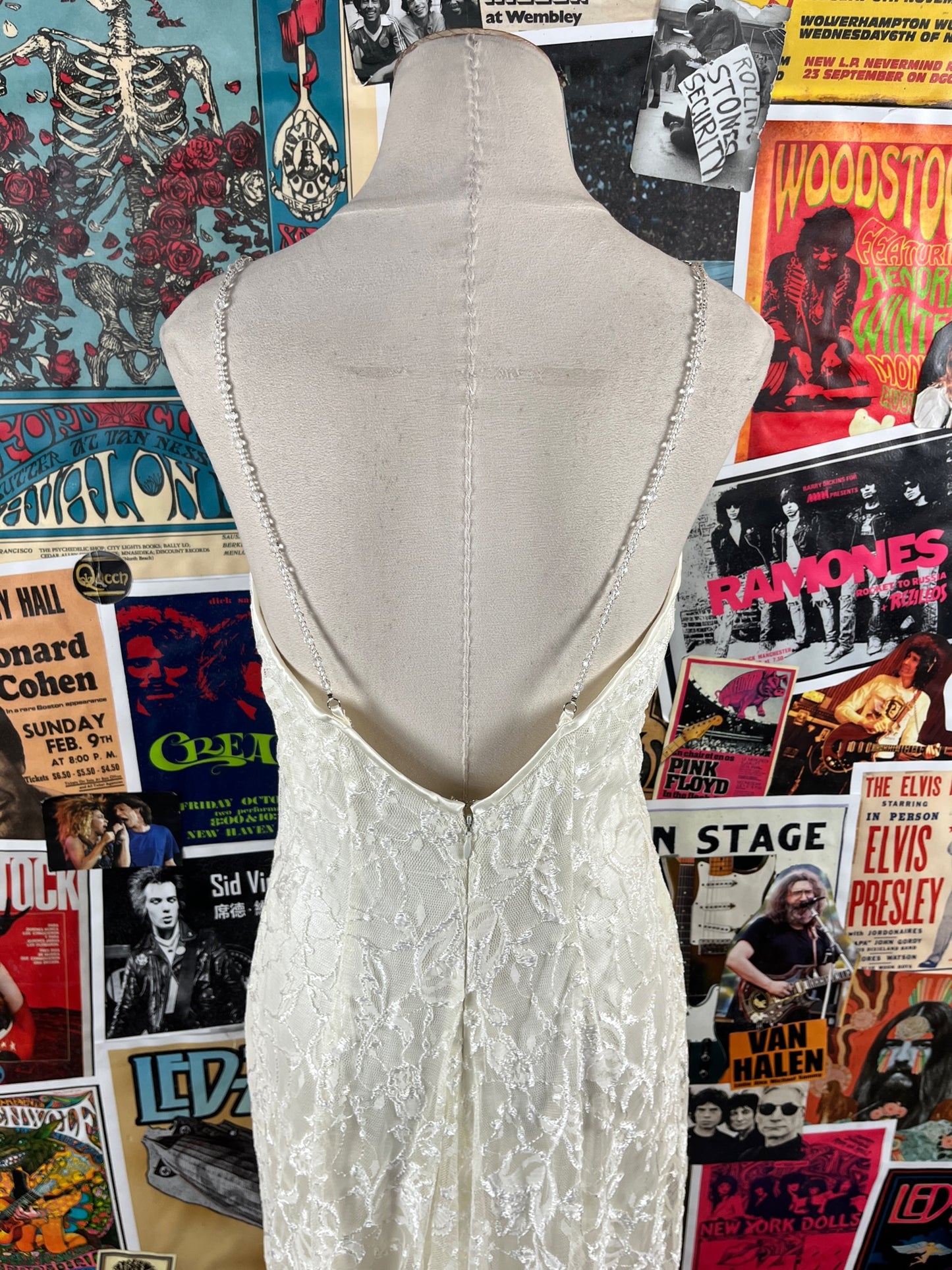 Vintage Womens 90s Ivory White Floral Lace Beaded Strap Sleeveless Backless Boatneck Scott McClintock Wedding Evening Prom Dress XS
