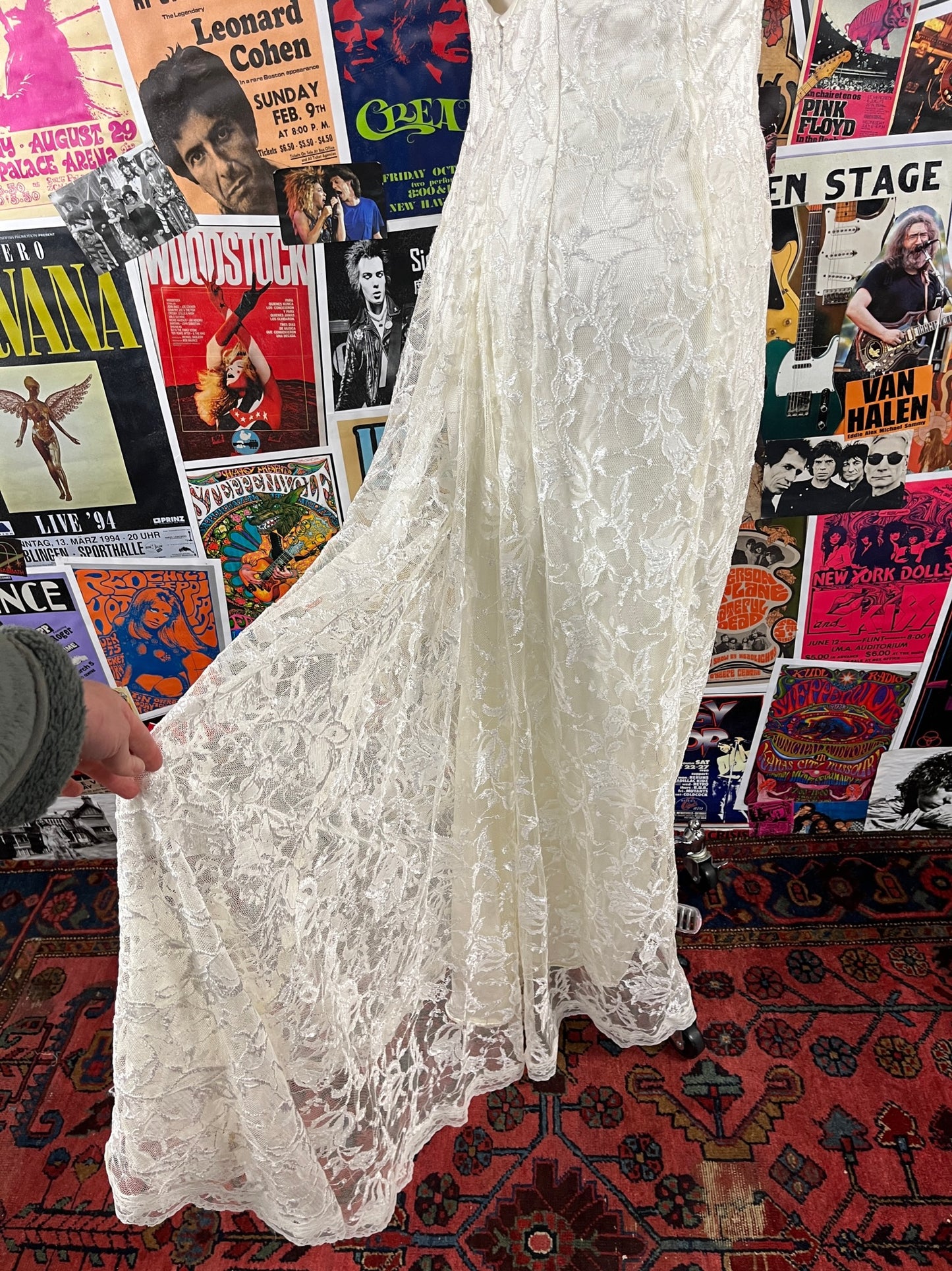 Vintage Womens 90s Ivory White Floral Lace Beaded Strap Sleeveless Backless Boatneck Scott McClintock Wedding Evening Prom Dress XS