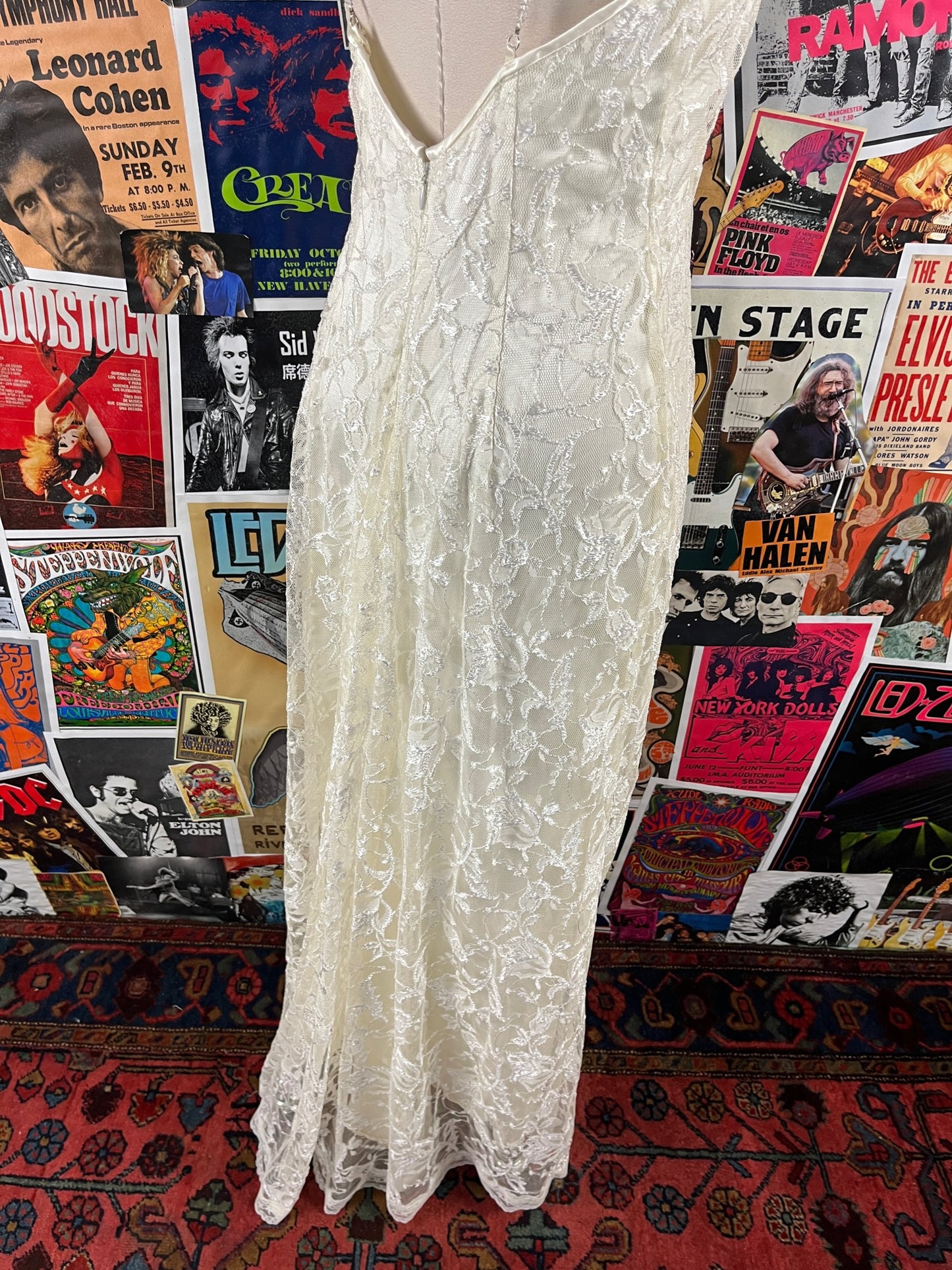 Vintage Womens 90s Ivory White Floral Lace Beaded Strap Sleeveless Backless Boatneck Scott McClintock Wedding Evening Prom Dress XS