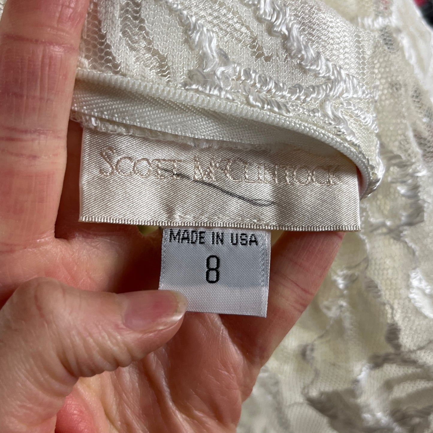 Vintage Womens 90s Ivory White Floral Lace Beaded Strap Sleeveless Backless Boatneck Scott McClintock Wedding Evening Prom Dress XS