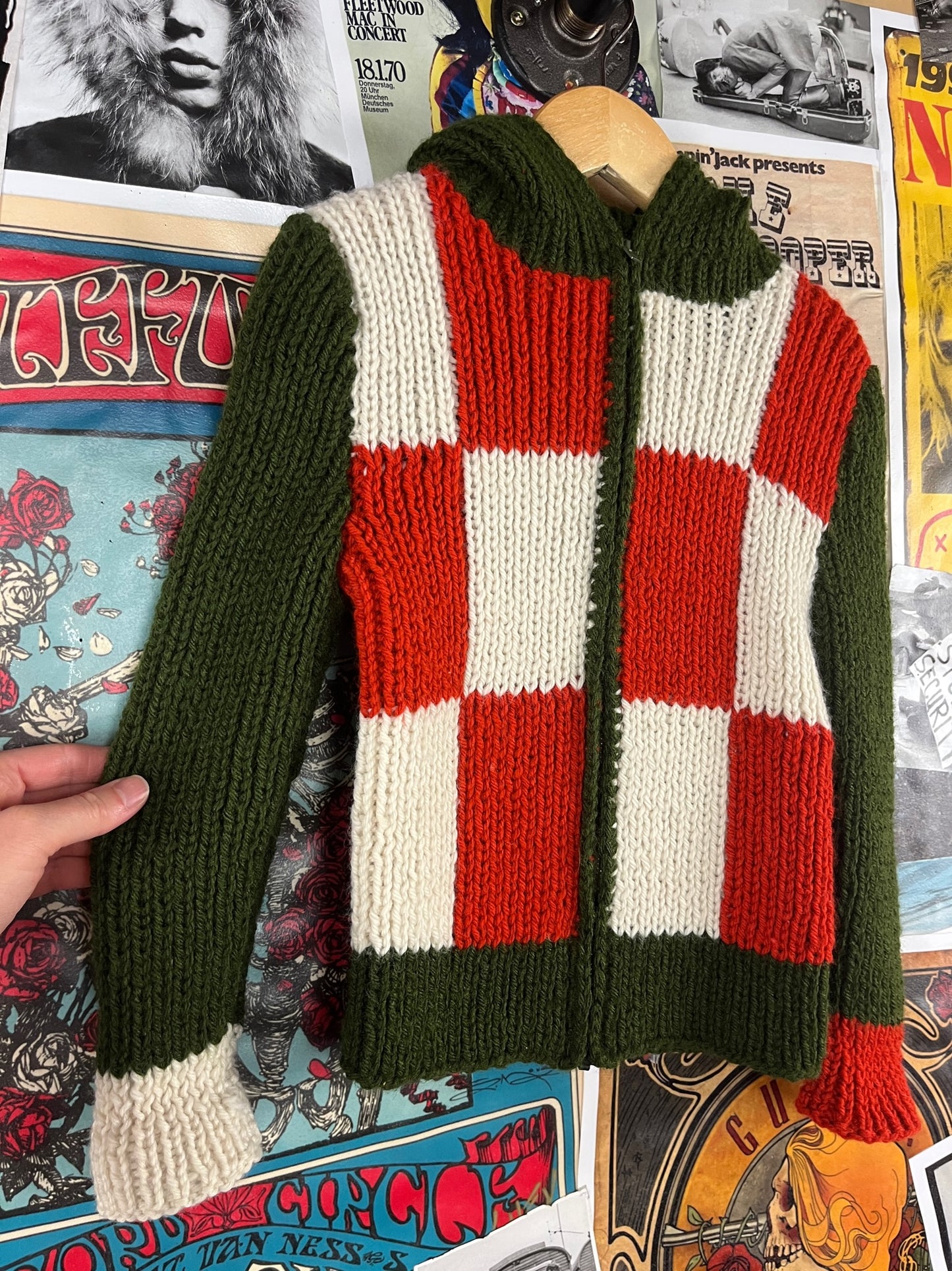 Vintage Kids 60s-70s Green Orange White Check Print Chunky Knit Zip Up Hooded Cardigan Sweater Size 5 Ages 4-5