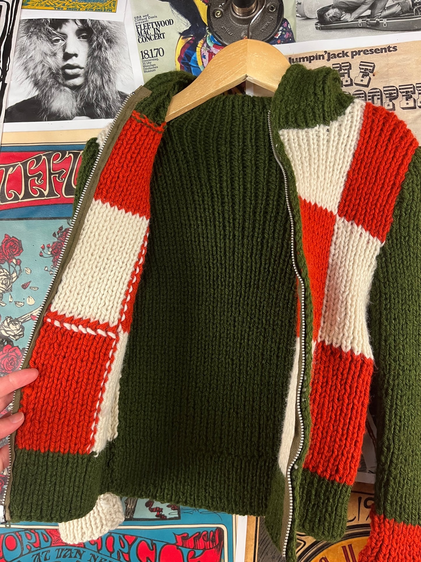 Vintage Kids 60s-70s Green Orange White Check Print Chunky Knit Zip Up Hooded Cardigan Sweater Size 5 Ages 4-5