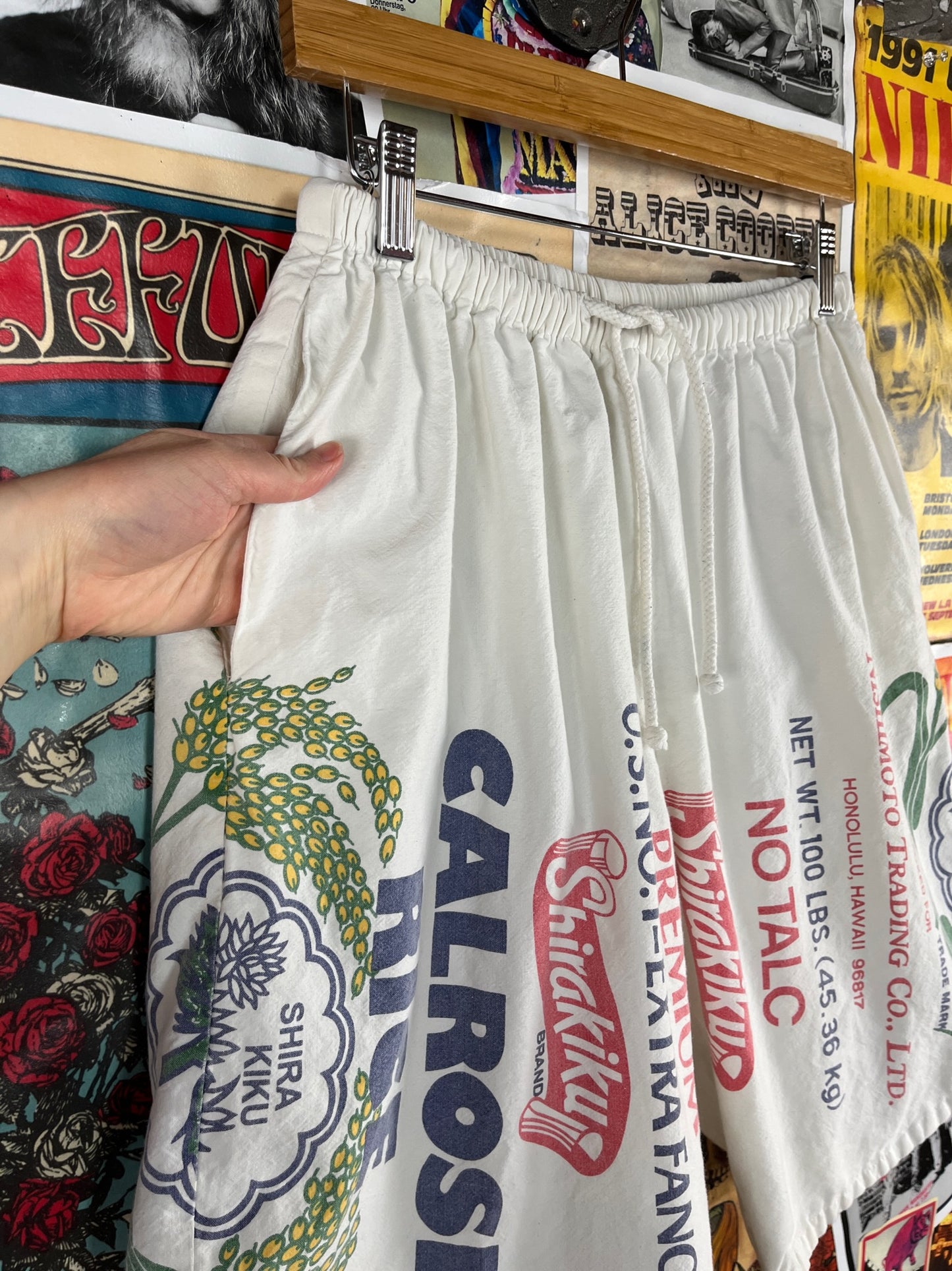 Vintage Hawaiian Shirakiku Calrose Rice Bag Cotton Drawstring Elastic Graphic Novelty Print Shorts