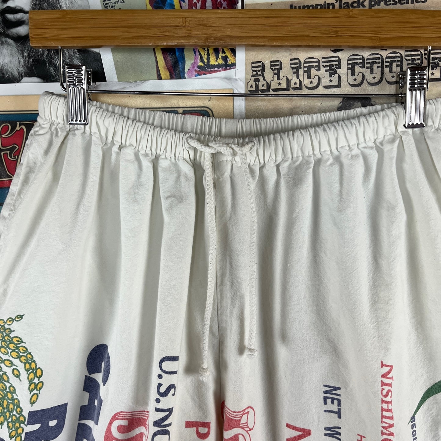 Vintage Hawaiian Shirakiku Calrose Rice Bag Cotton Drawstring Elastic Graphic Novelty Print Shorts