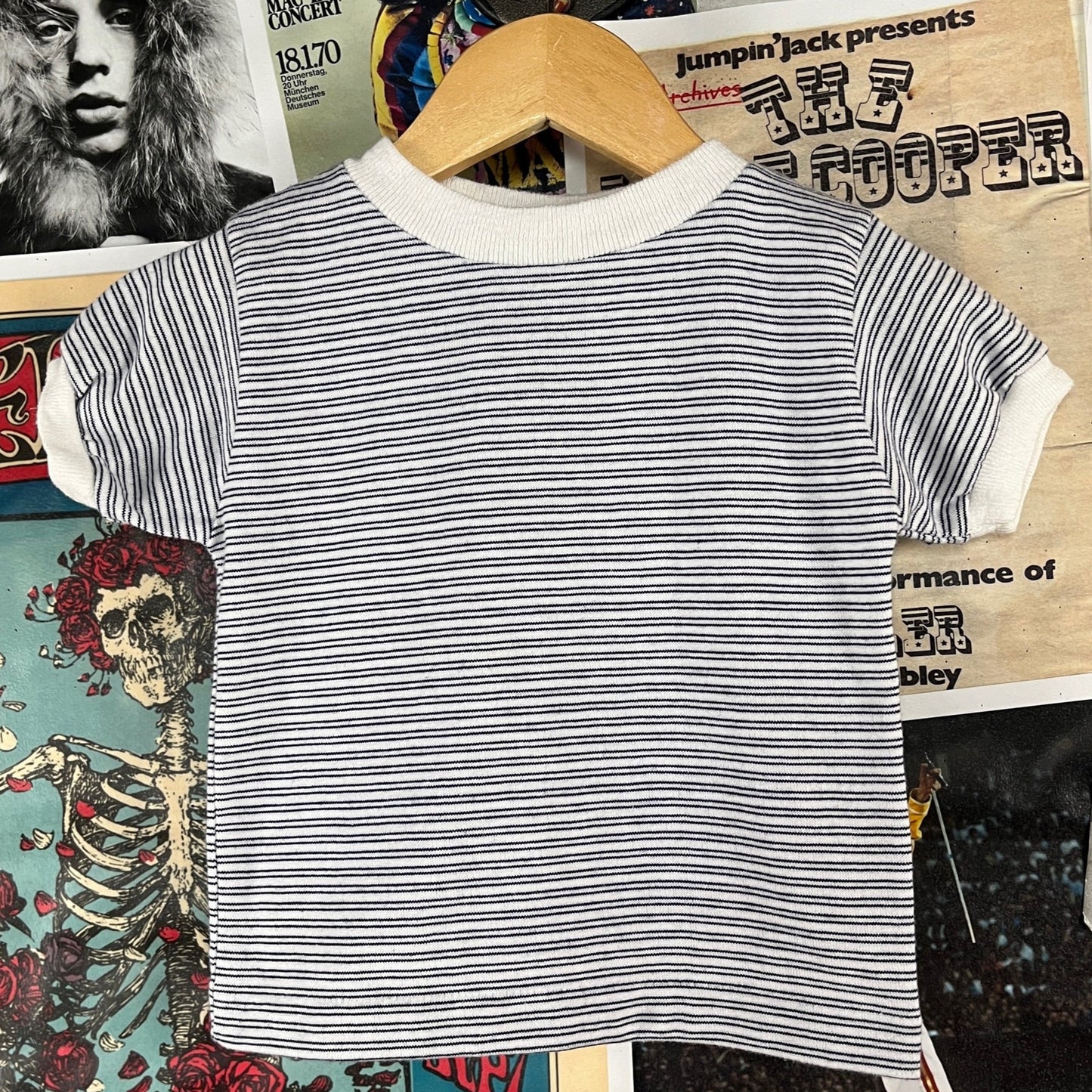 Vintage Toddler Kids 80s White Blue Striped Short Sleeve Health-Tex Ringer Tee T-Shirt 2T