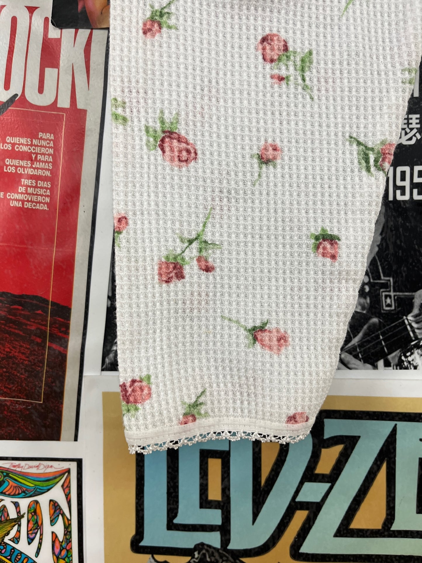 Vintage Women's 90s White Pink Floral Rose Buds Waffle Thermal Hanes Long John Loungewear Pants