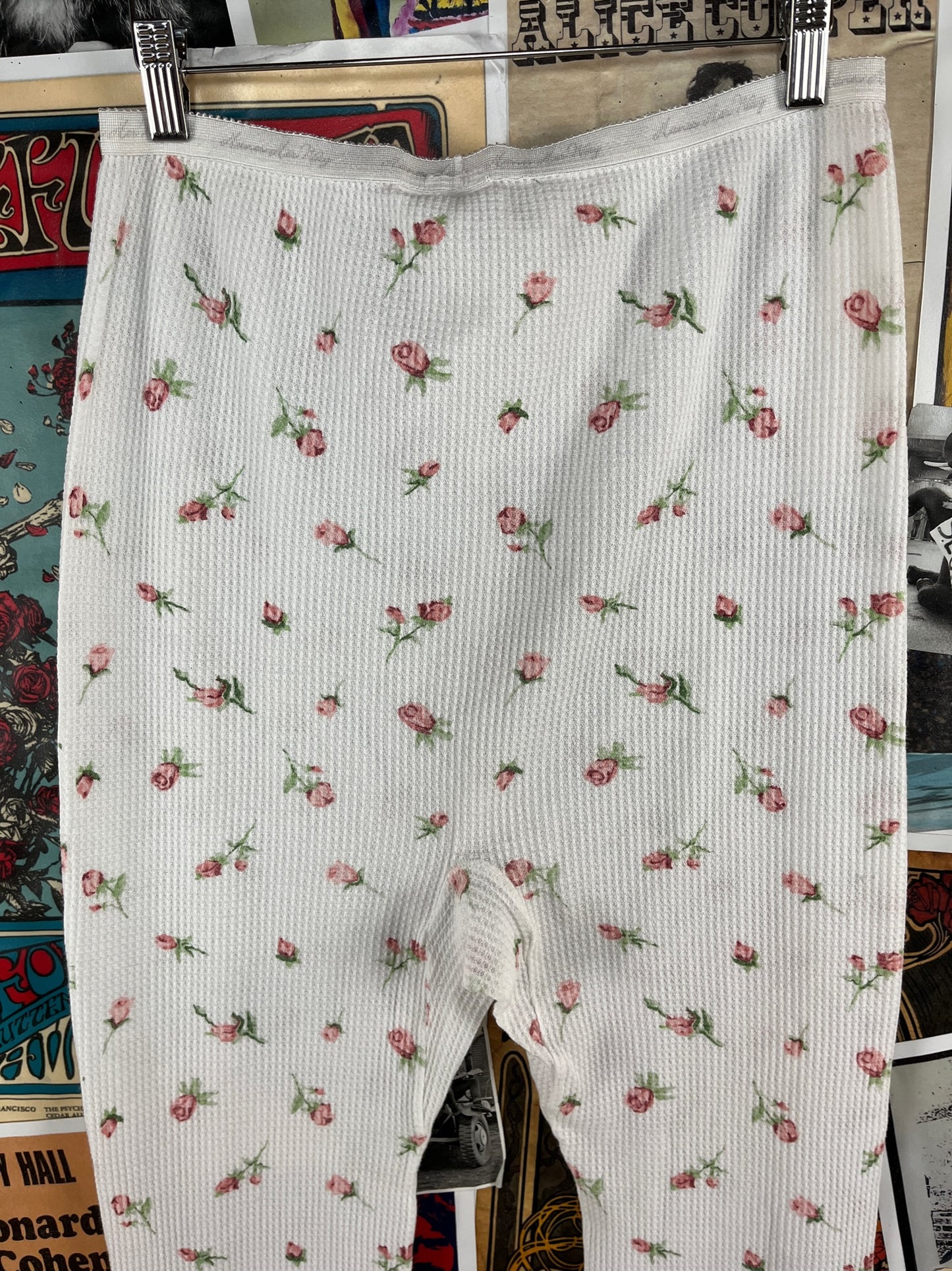 Vintage Women's 90s White Pink Floral Rose Buds Waffle Thermal Hanes Long John Loungewear Pants