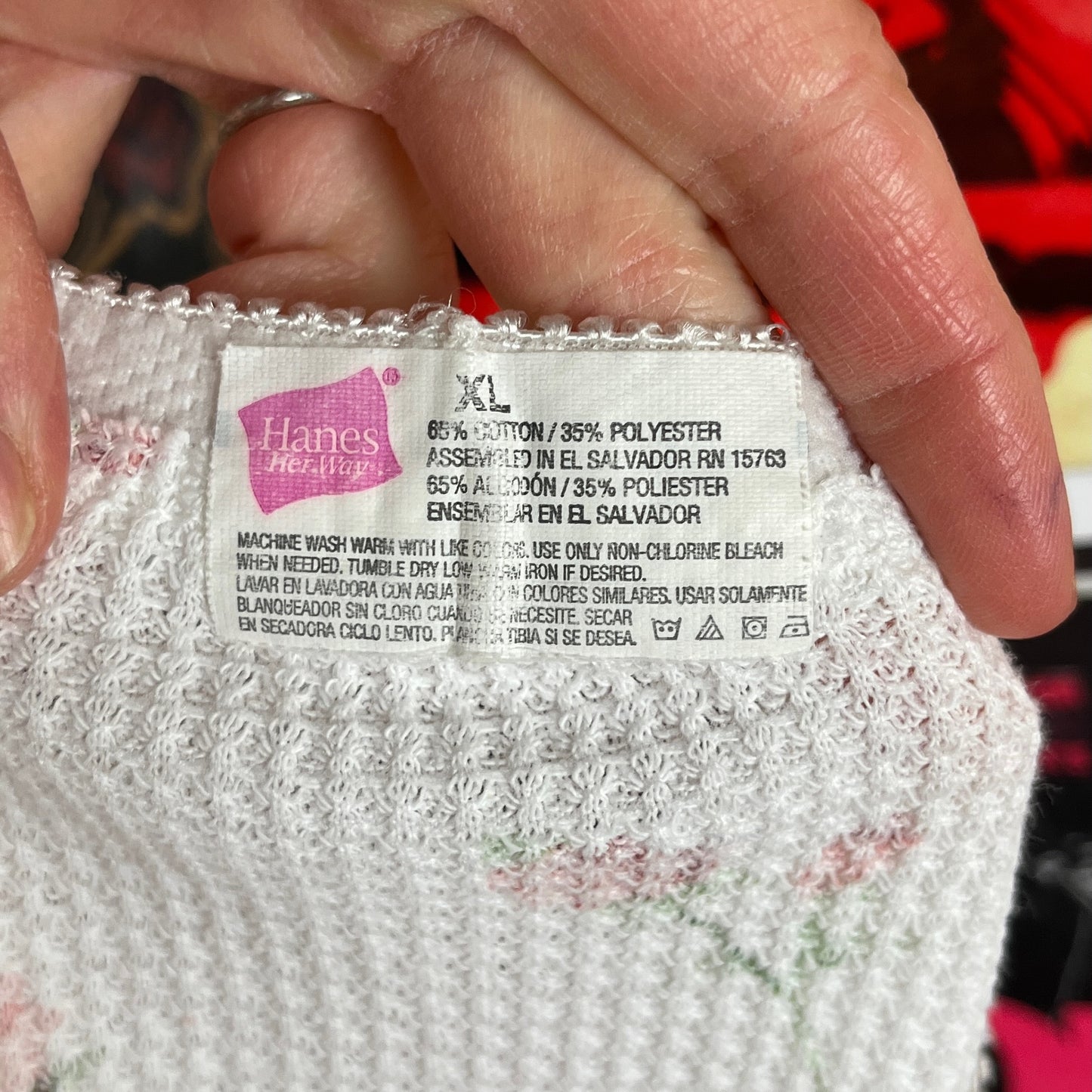 Vintage Women's 90s White Pink Floral Rose Buds Waffle Thermal Hanes Long John Loungewear Pants