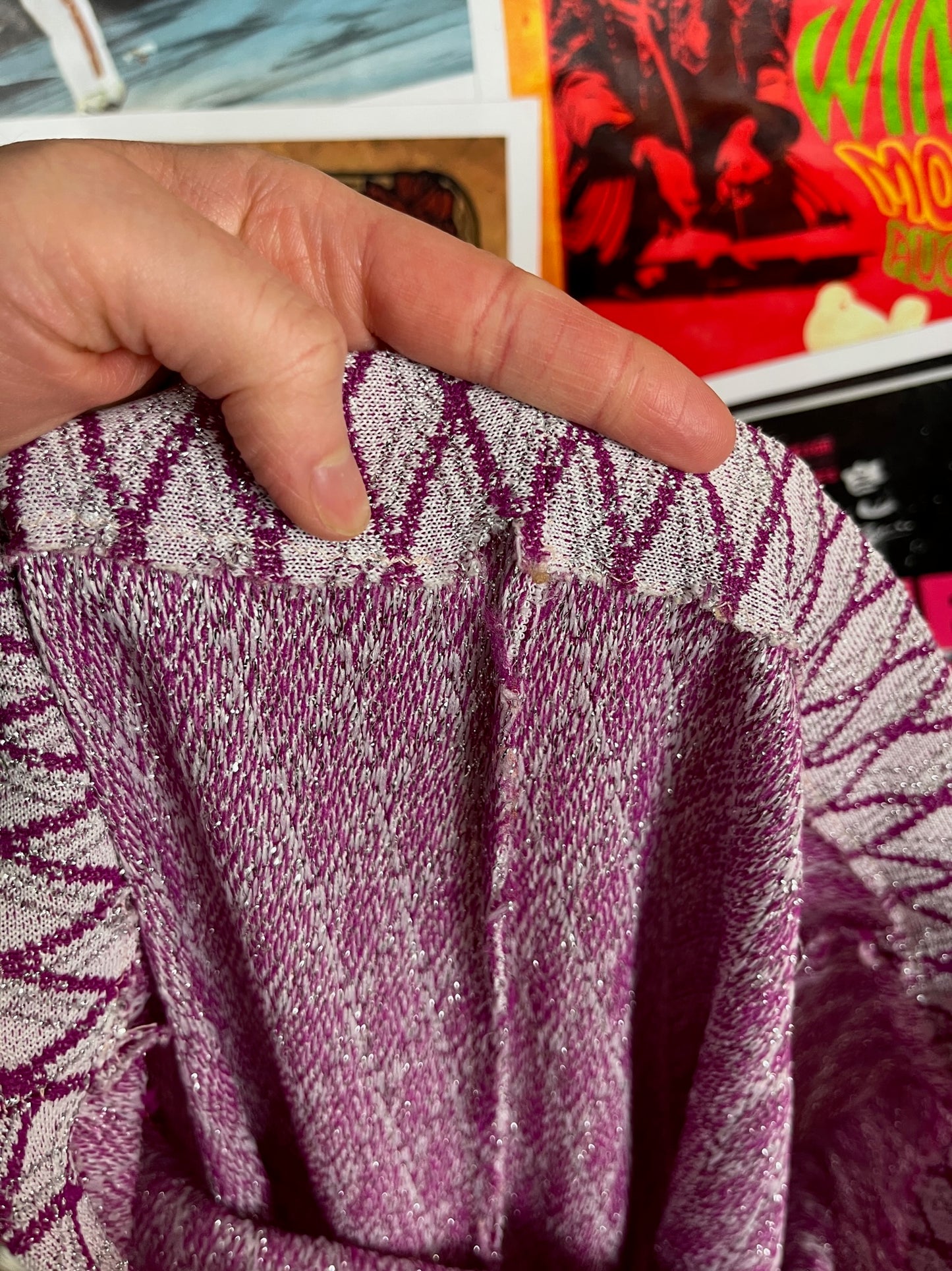 Vintage Women's 60s-70s Magenta Purple Silver Metallic Lurex Diamond Print High Rise Elastic Waist Wide Leg Trouser Pants 30-32"