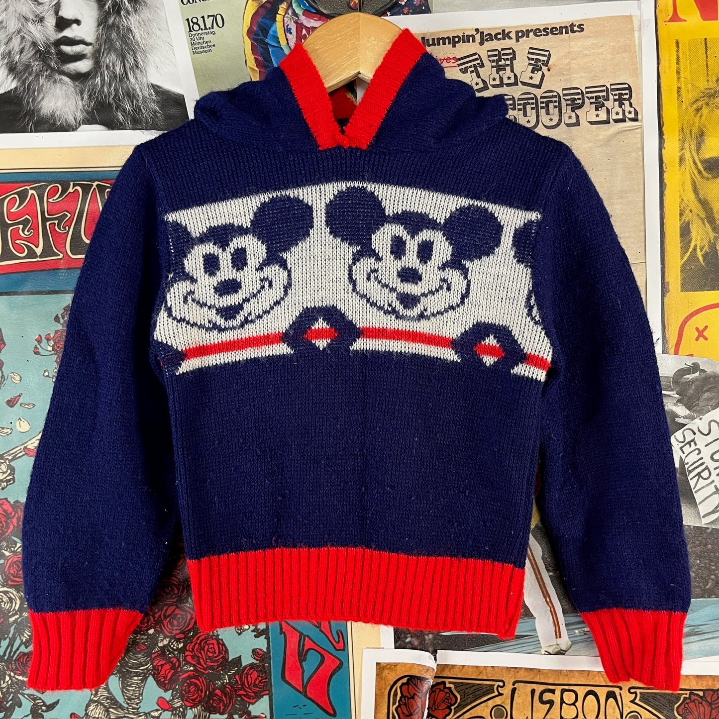 Vintage Kids 60s-70s Disney Mickey Mouse Hooded Knit Sweater 18-24M