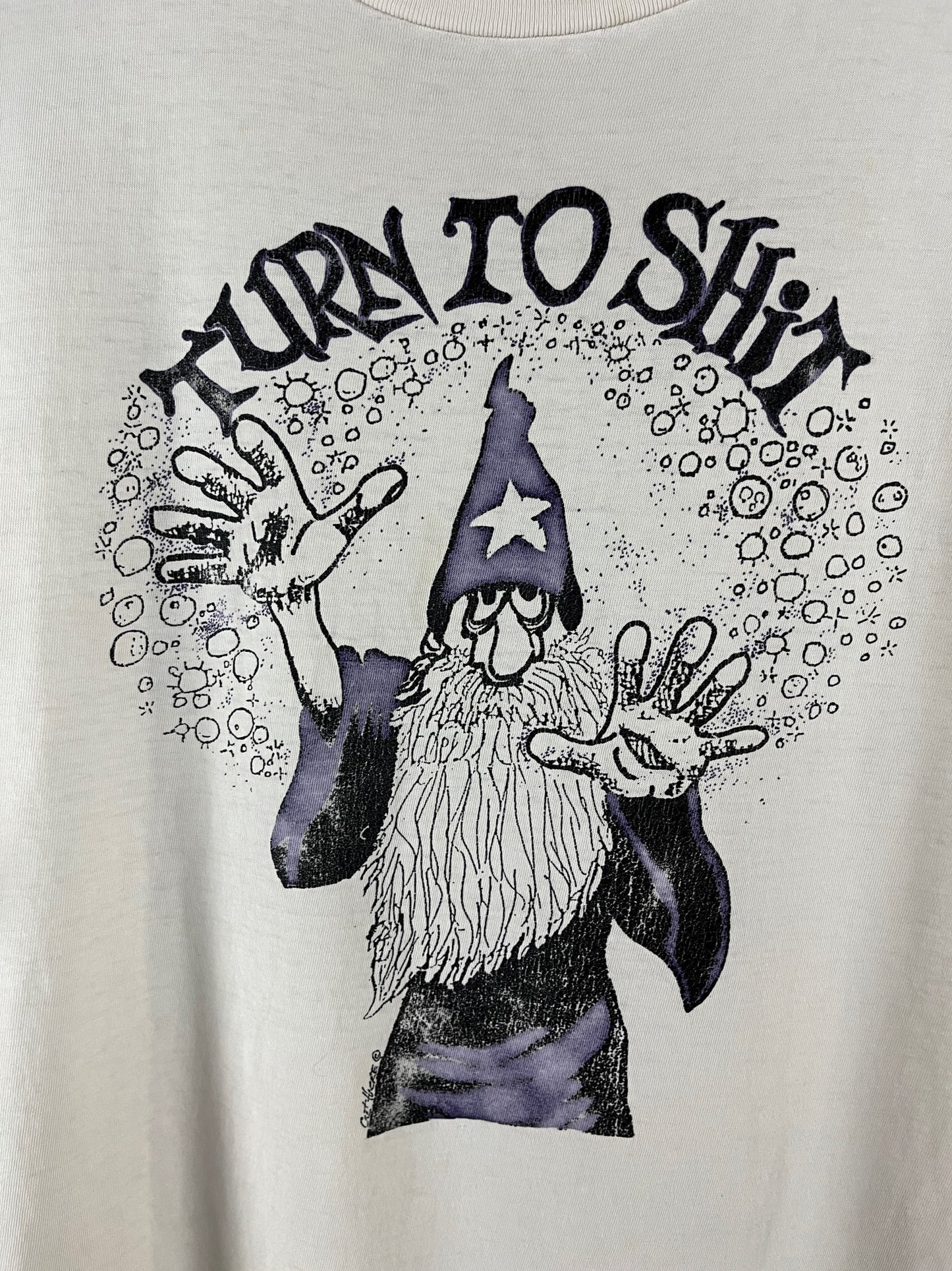 Vintage 90s Funny Turn to Shit Wizard All Cotton Graphic Crewneck Novelty T-Shirt Mens Large